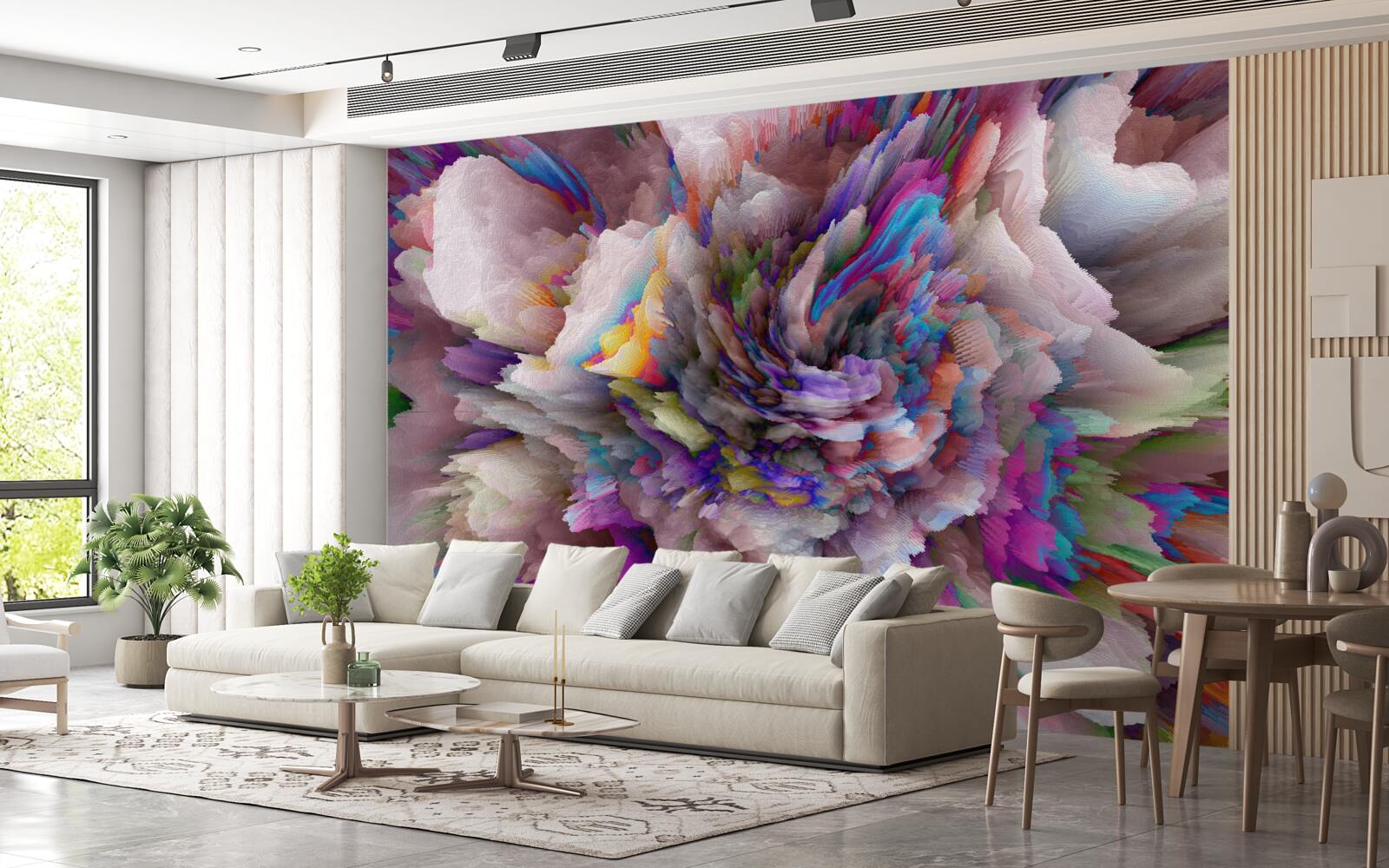 Papier peint fleur avec des nuances abstraites de l'arc-en-ciel