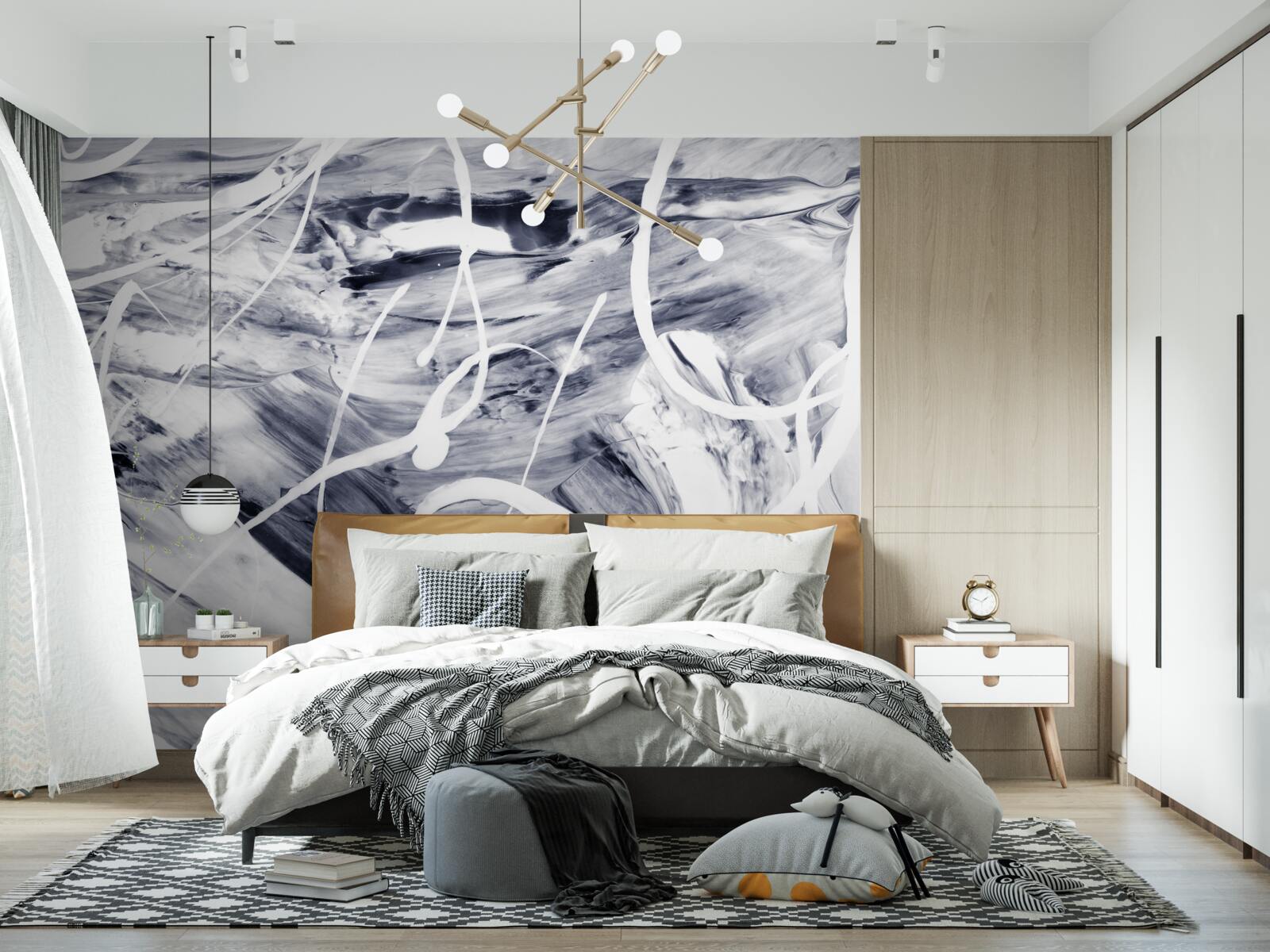 Papier peint traits de peinture blanche sur fond noir