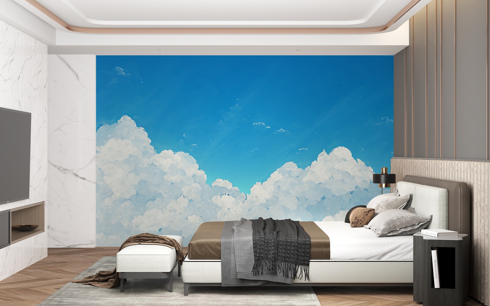 Papier peint ciel bleu et nuages blancs comme neige