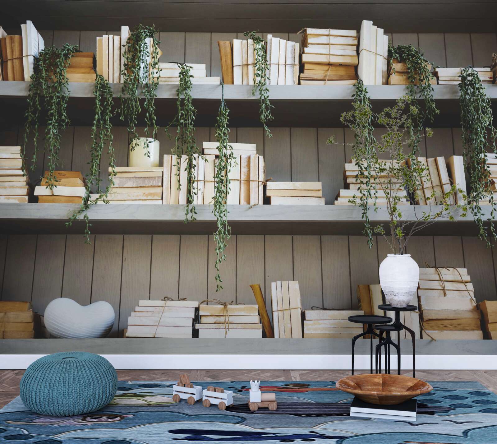 Papier peint des étagères avec des livres et des plantes vertes créent une atmosphère chaleureuse