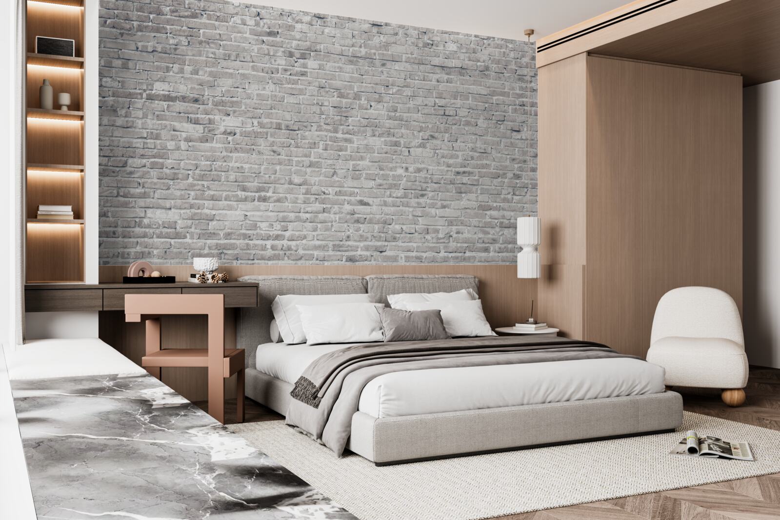 Papier peint mur en briques grises et blanches