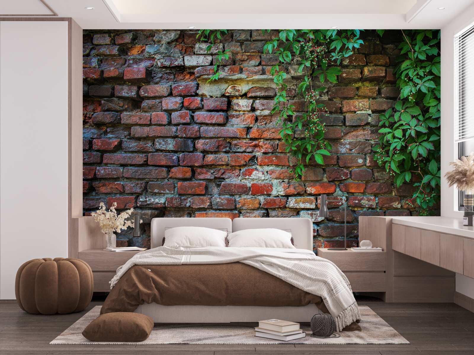Papier peint le vieux mur de briques est décoré de verdure