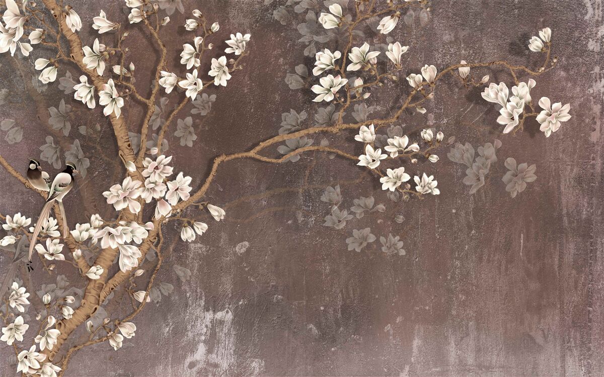 Papier peint deux oiseaux créatures sur un arbre surmonté de fleurs