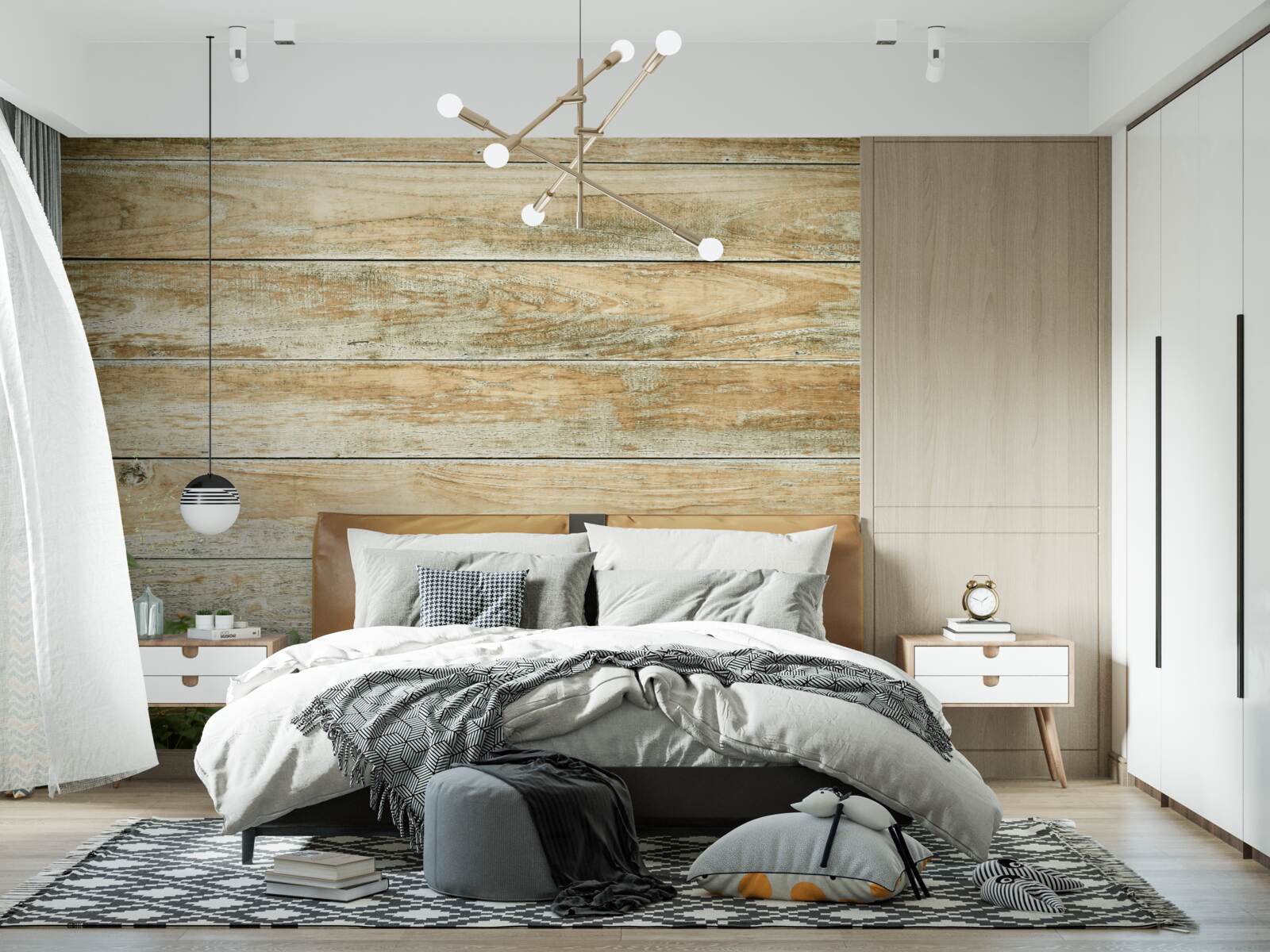 Papier peint fleurs jaunes sur fond de parquet entouré de verdure