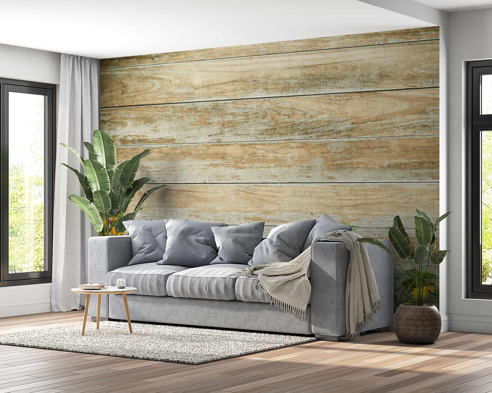 Papier peint fleurs jaunes sur fond de parquet entouré de verdure