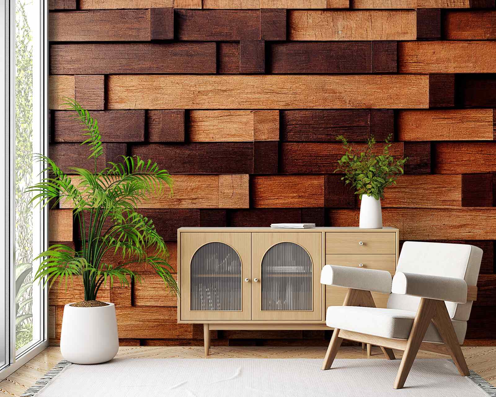 Papier peint Mur assemblé à partir de poutres en bois dans les tons marron foncé et marron clair