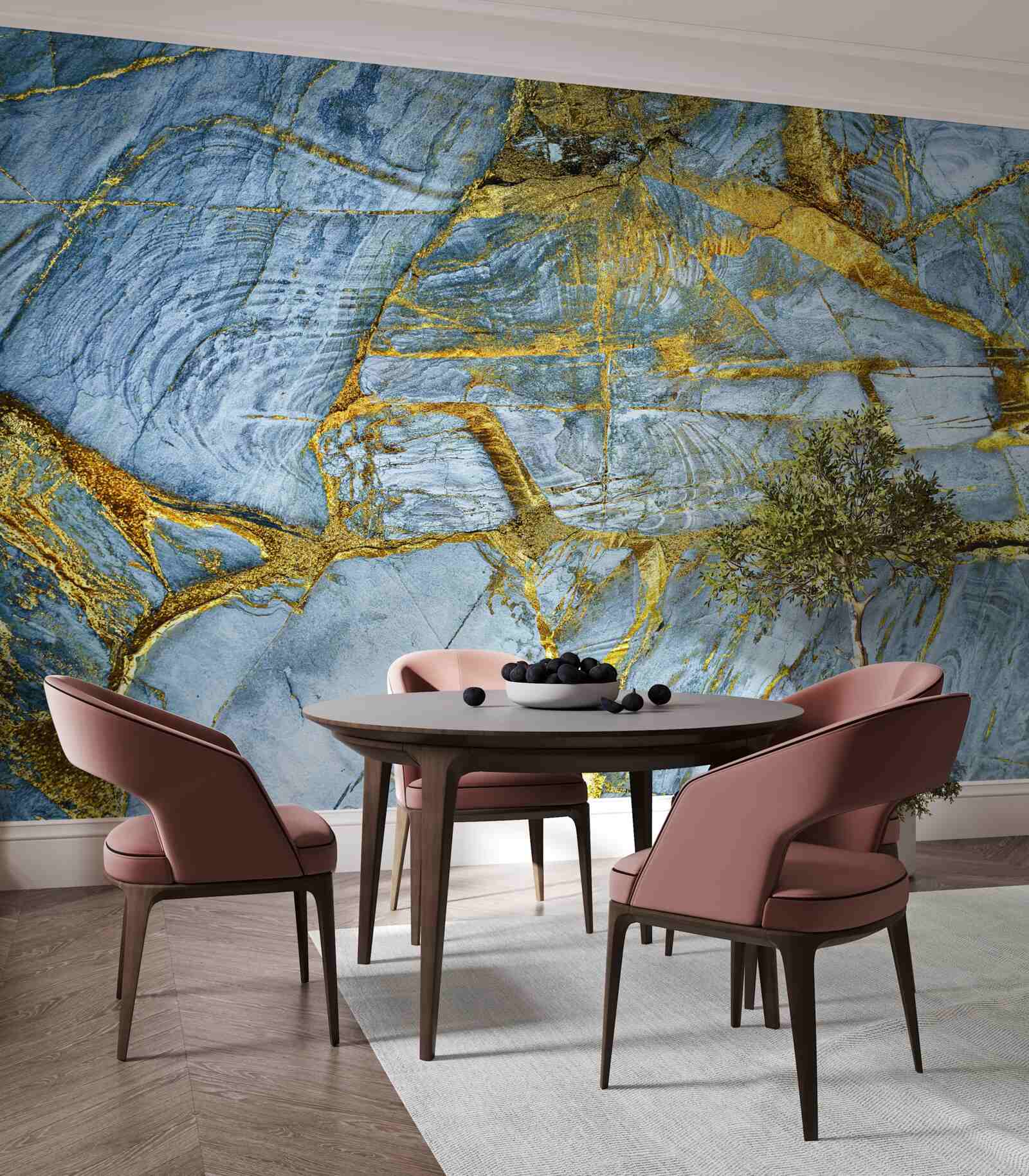 Papier peint coupe avec des nuances dorées sur fond bleu