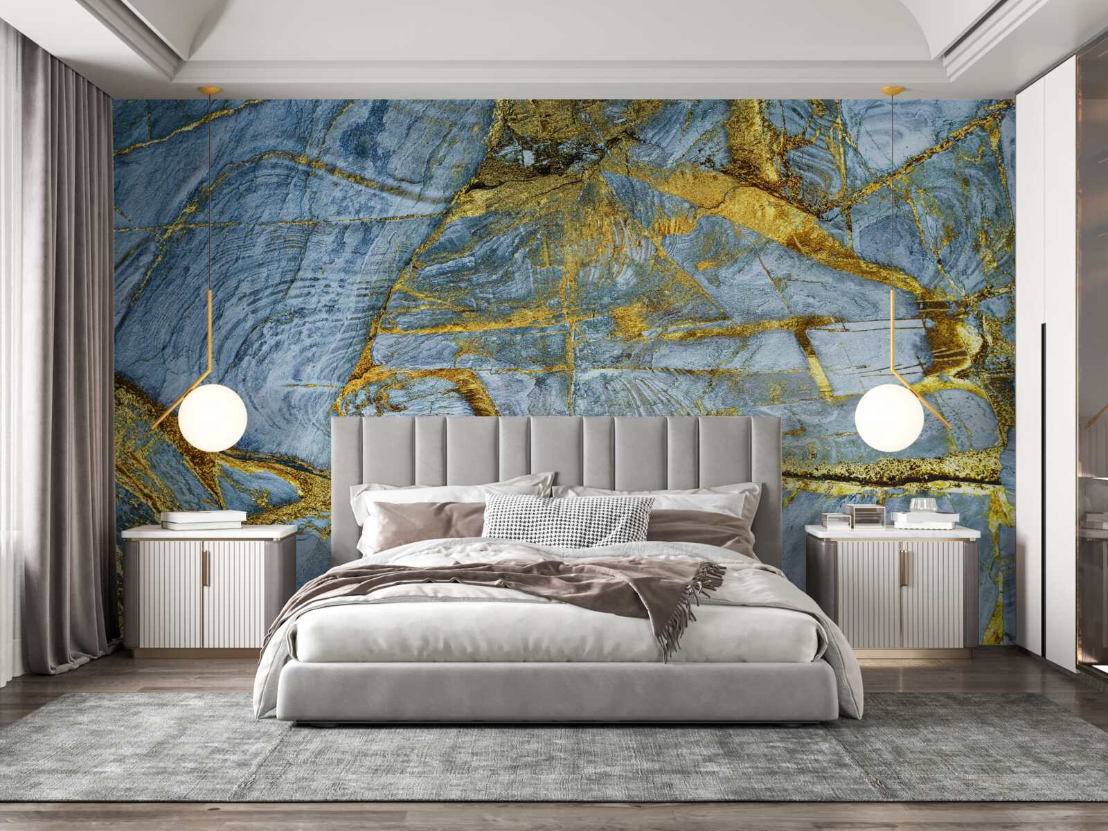 Papier peint coupe avec des nuances dorées sur fond bleu