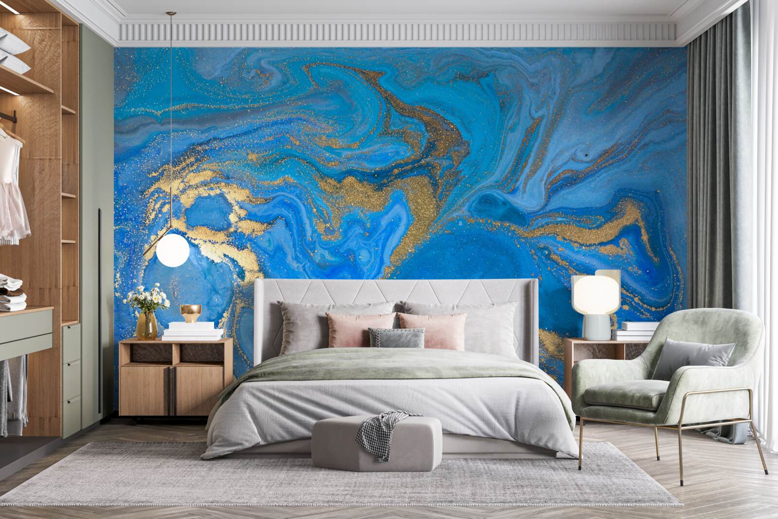 Papier peint bleu et or dans le style marbre