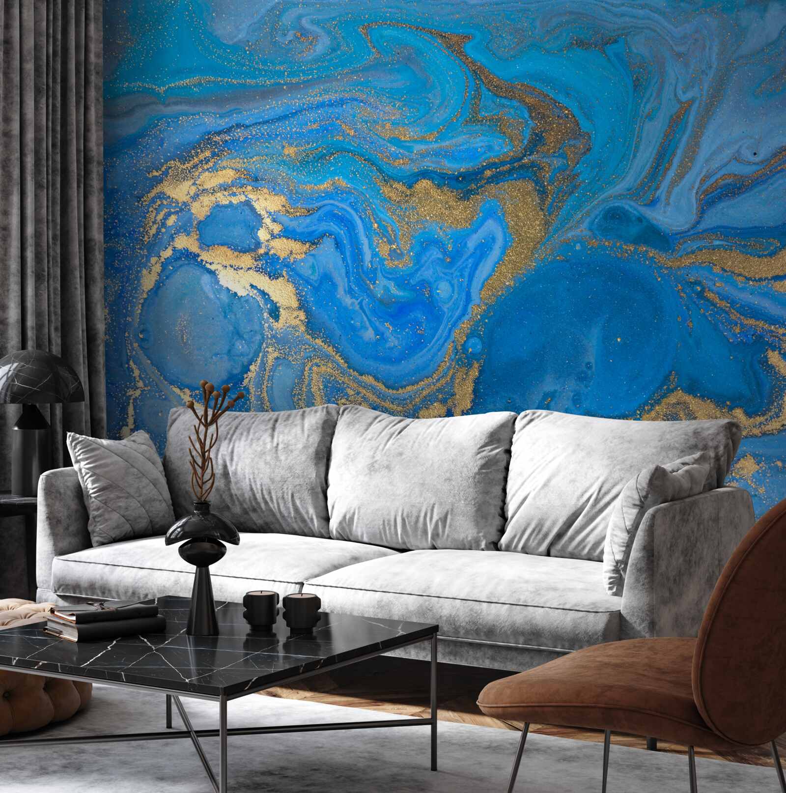 Papier peint bleu et or dans le style marbre