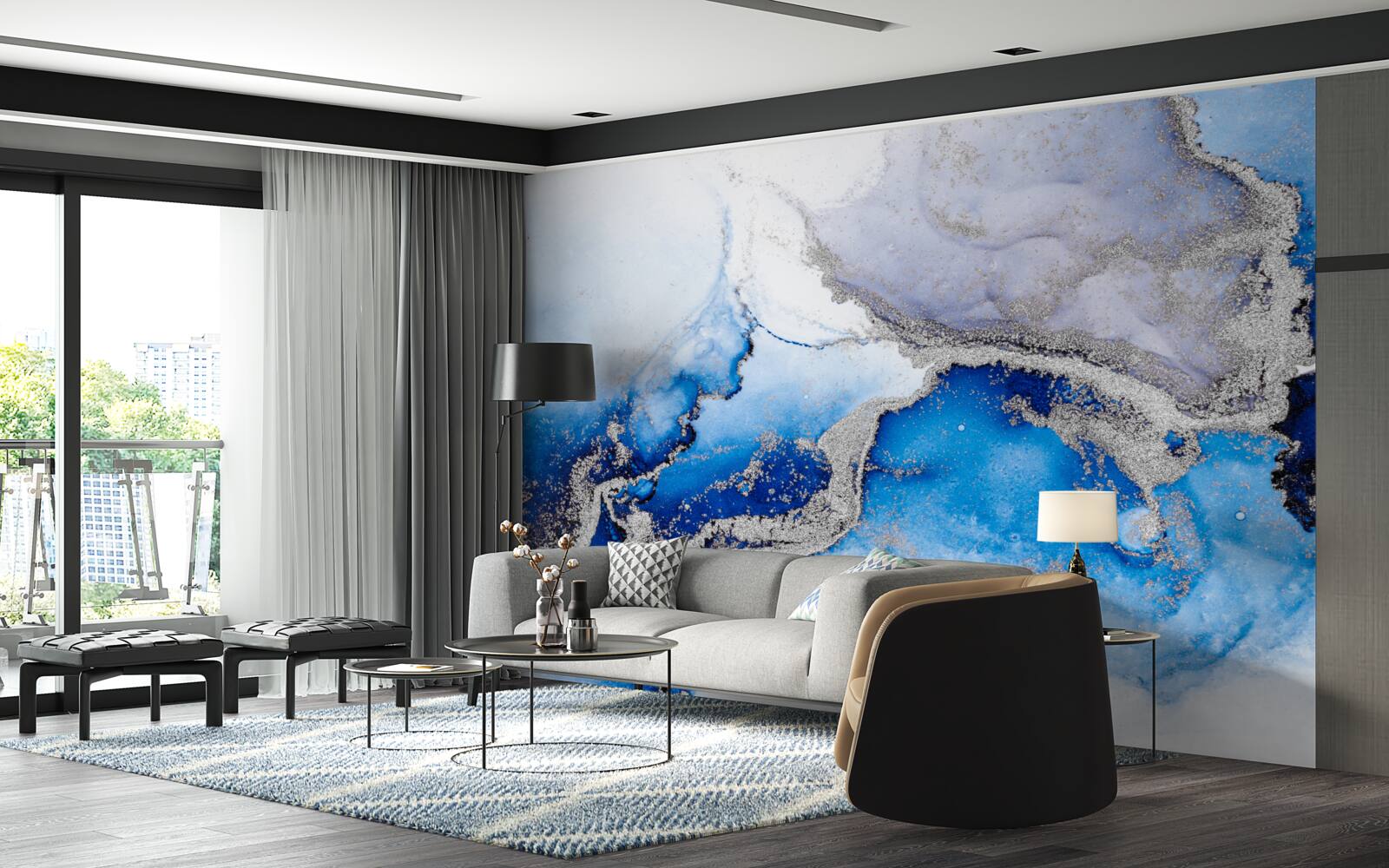 Papier peint fond abstrait extravagant dans une teinte bleue