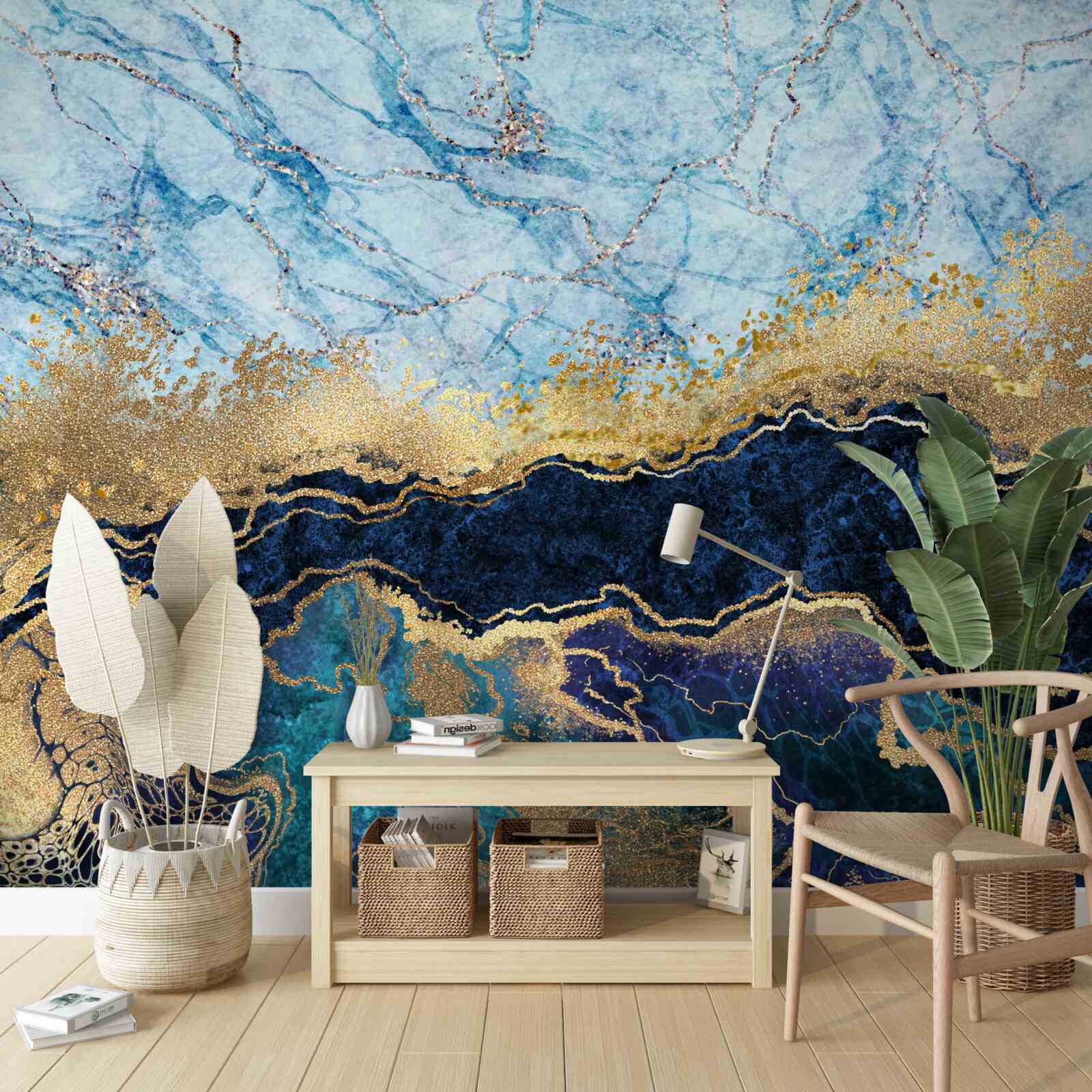 Papier peint marbre bleu de luxe avec veines d'or