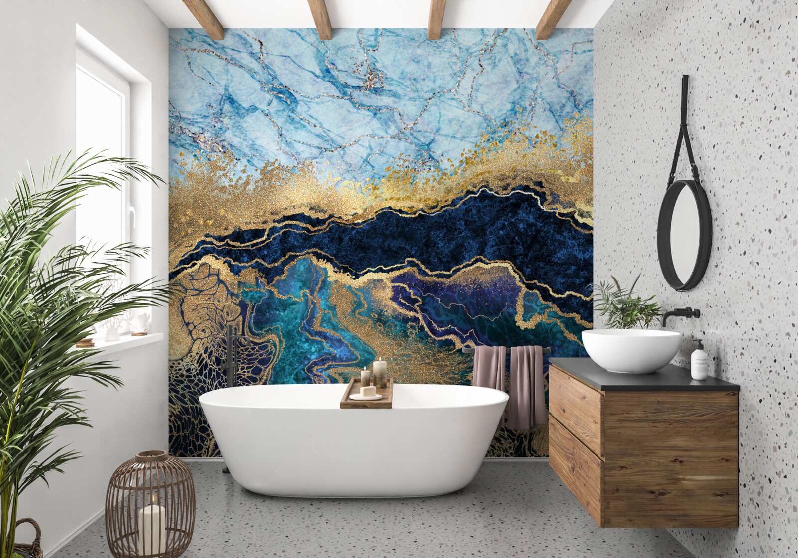 Papier peint marbre bleu de luxe avec veines d'or