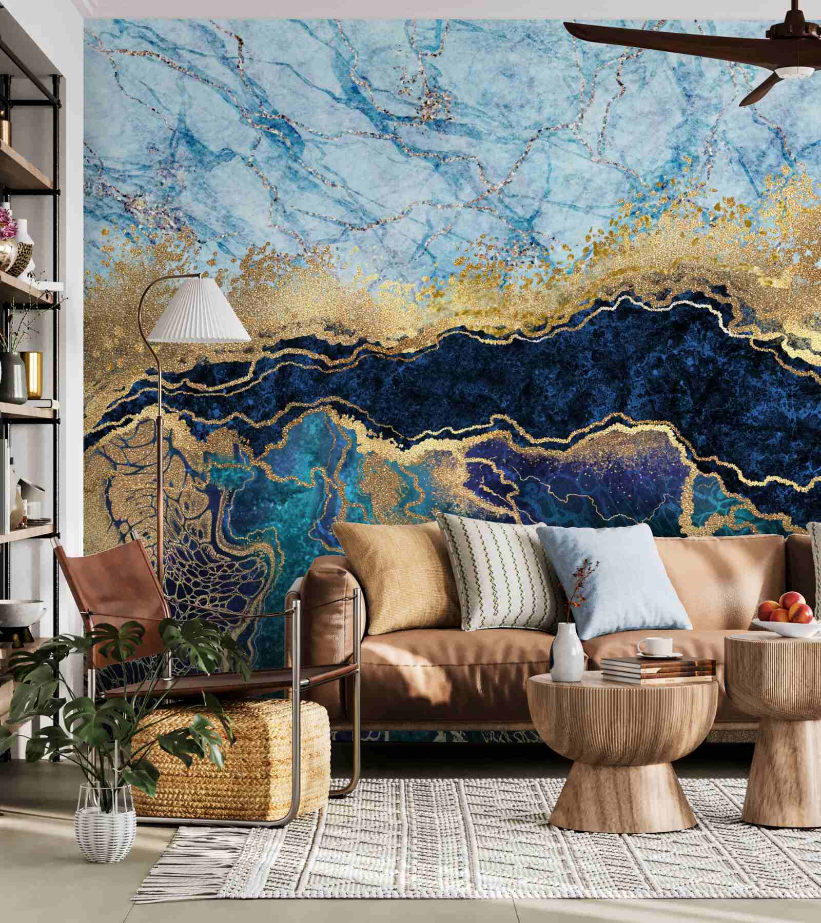 Papier peint marbre bleu de luxe avec veines d'or