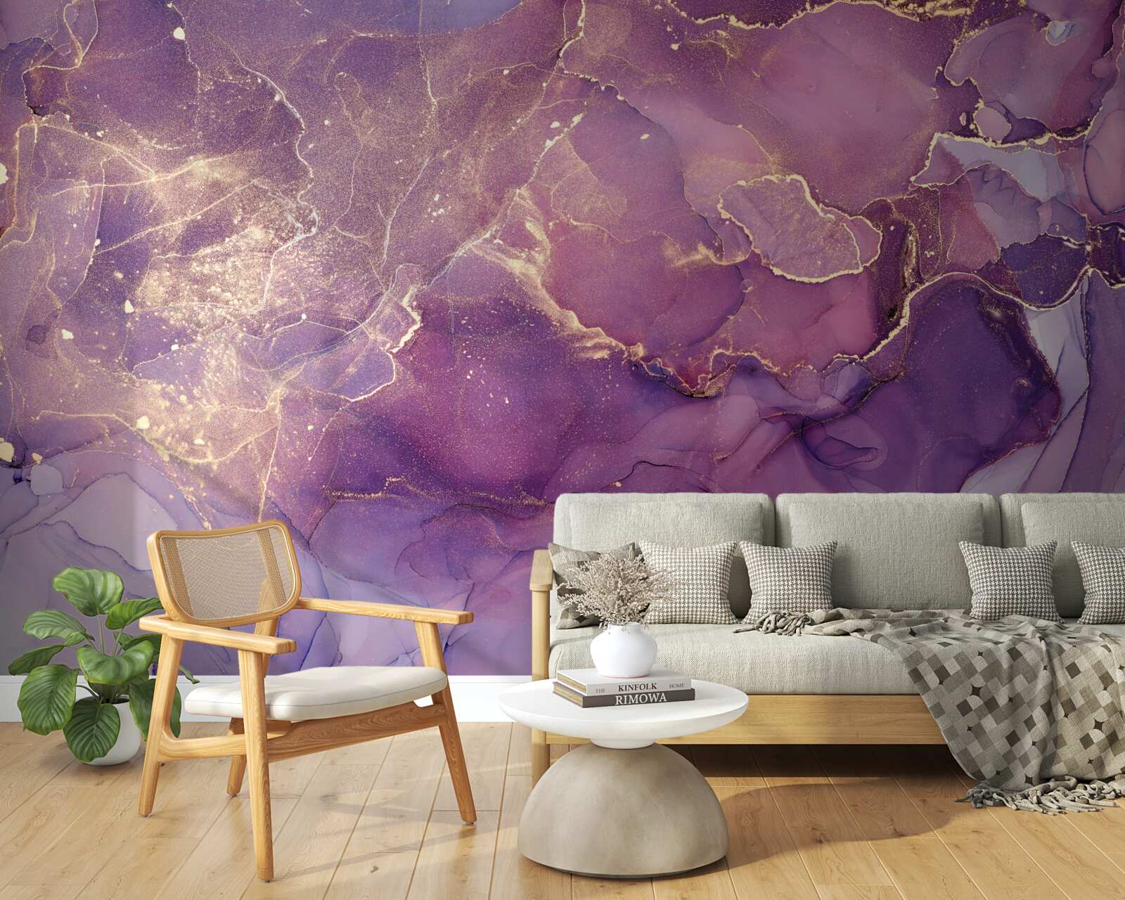 Papier peint fond marbré en or avec une teinte violette