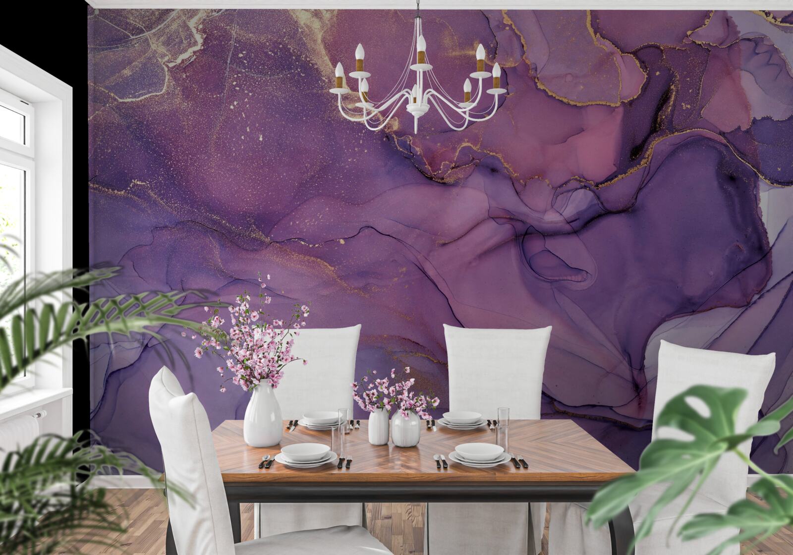 Papier peint fond de marbre lilas avec éléments dorés