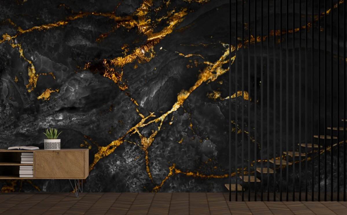 Papier peint marbre noir veiné d'or