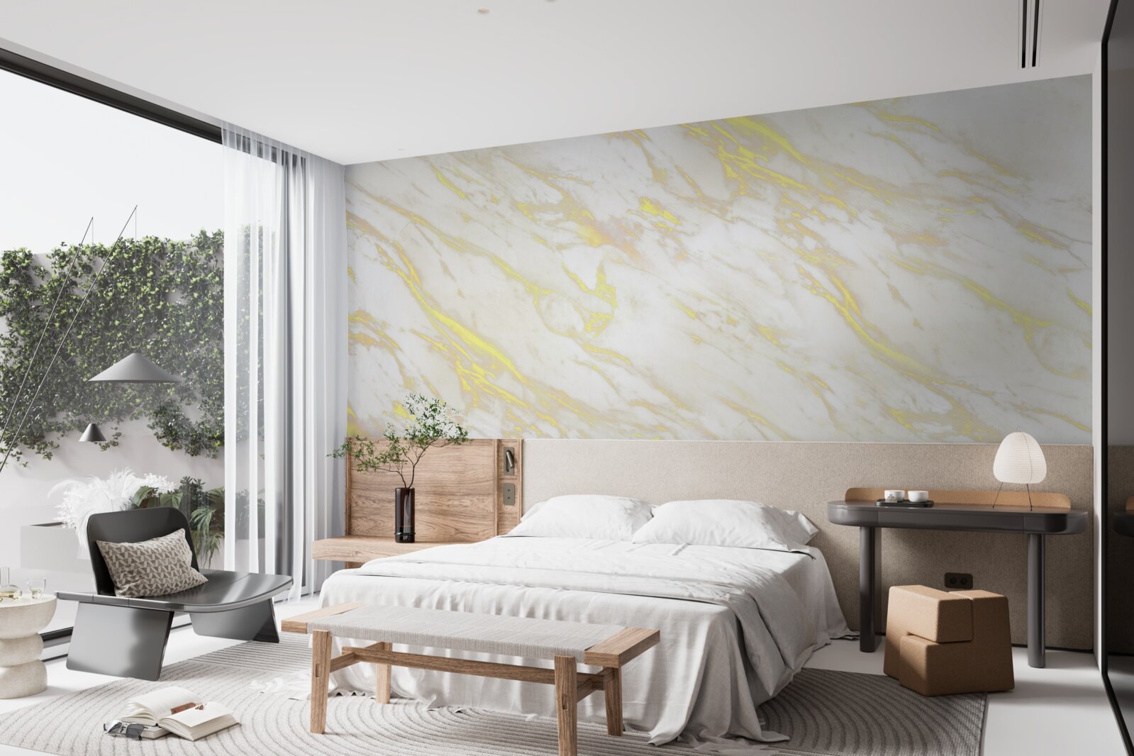 Papier peint marbre blanc avec teinte dorée