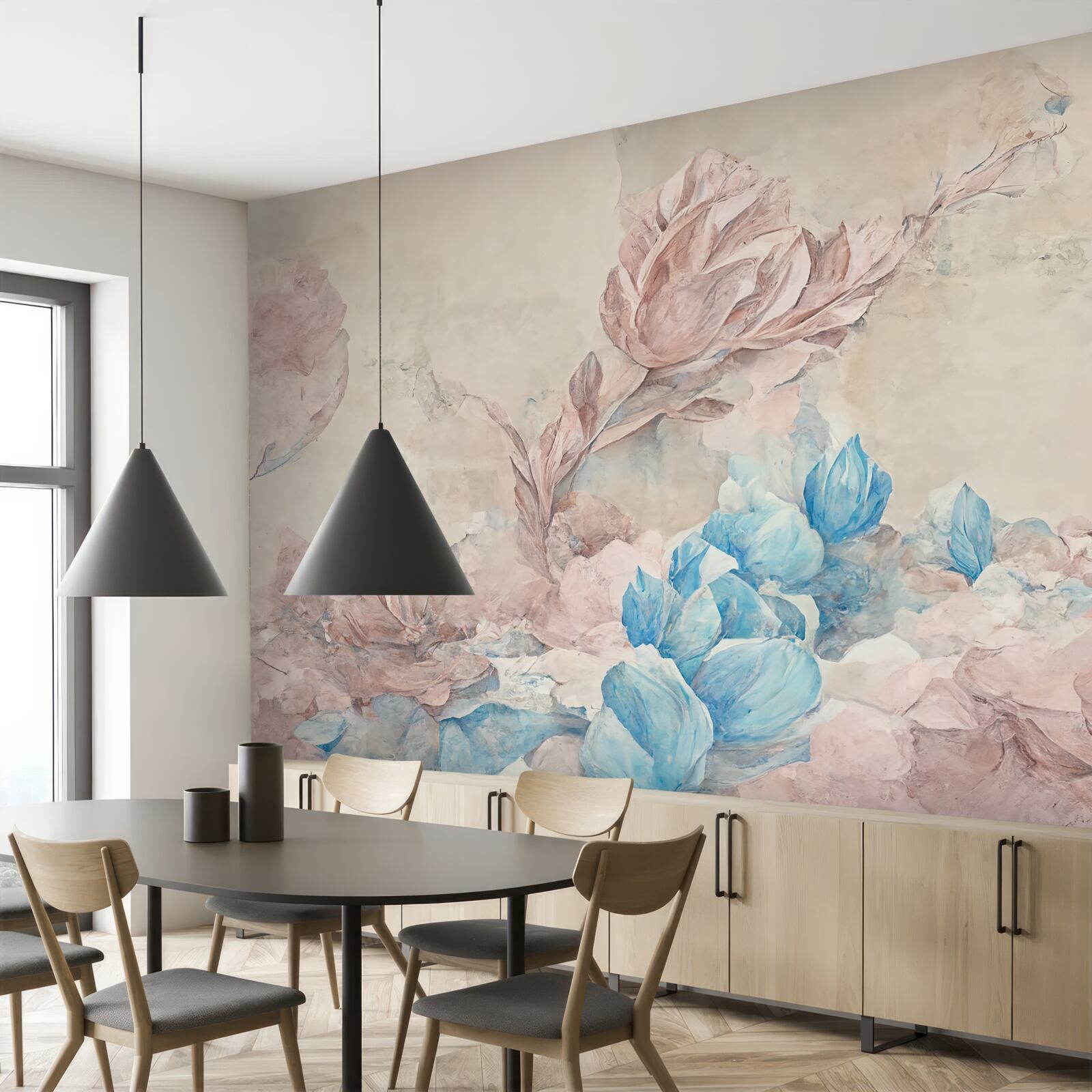 Papier peint fleurs roses à pétales bleus
