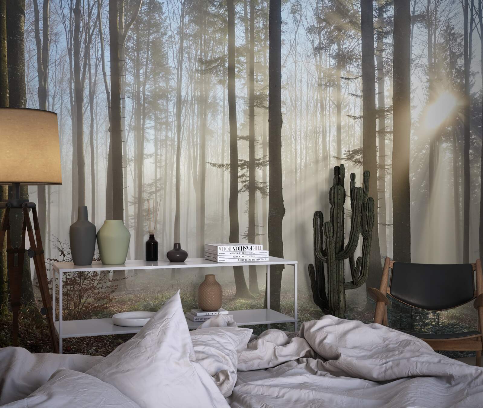 Papier peint les rayons du soleil percent la brume dans un bosquet d'arbres