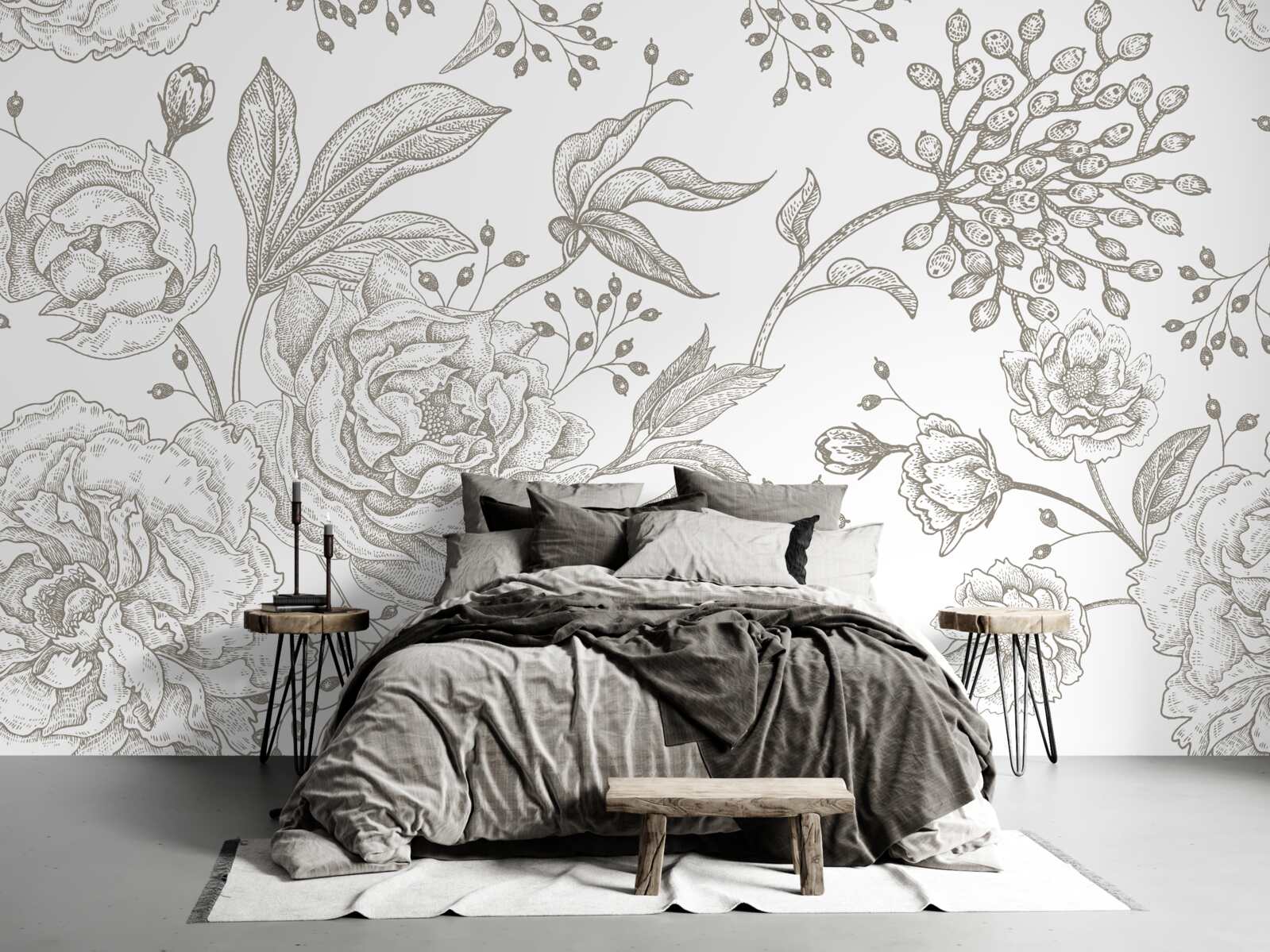 Papier peint la rose et les autres fleurs sont représentées sur un fond blanc