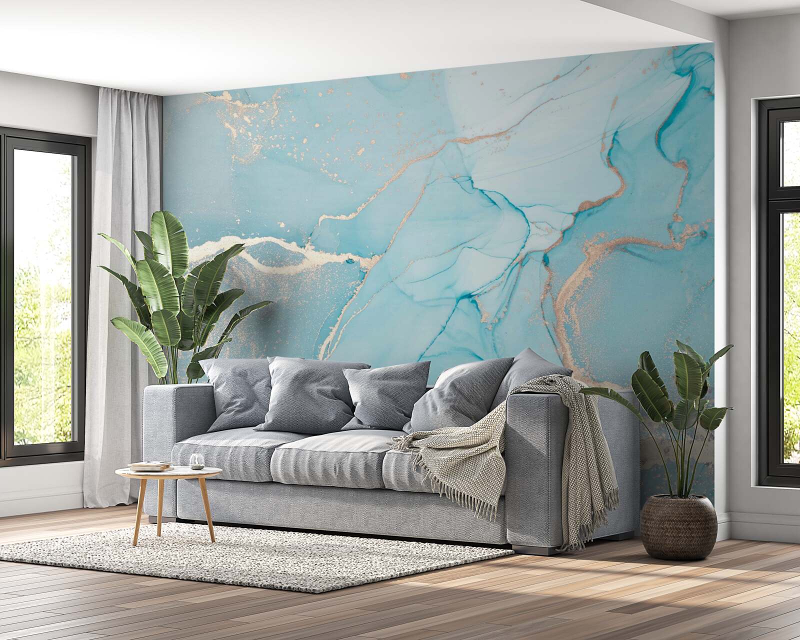 Papier peint marbre dans les tons bleu et turquoise
