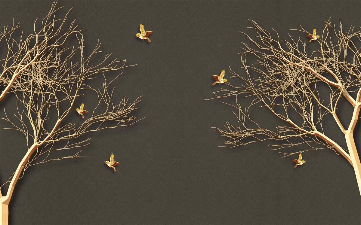 Papier peint arbres dorés et papillons contre l'obscurité du ciel nocturne