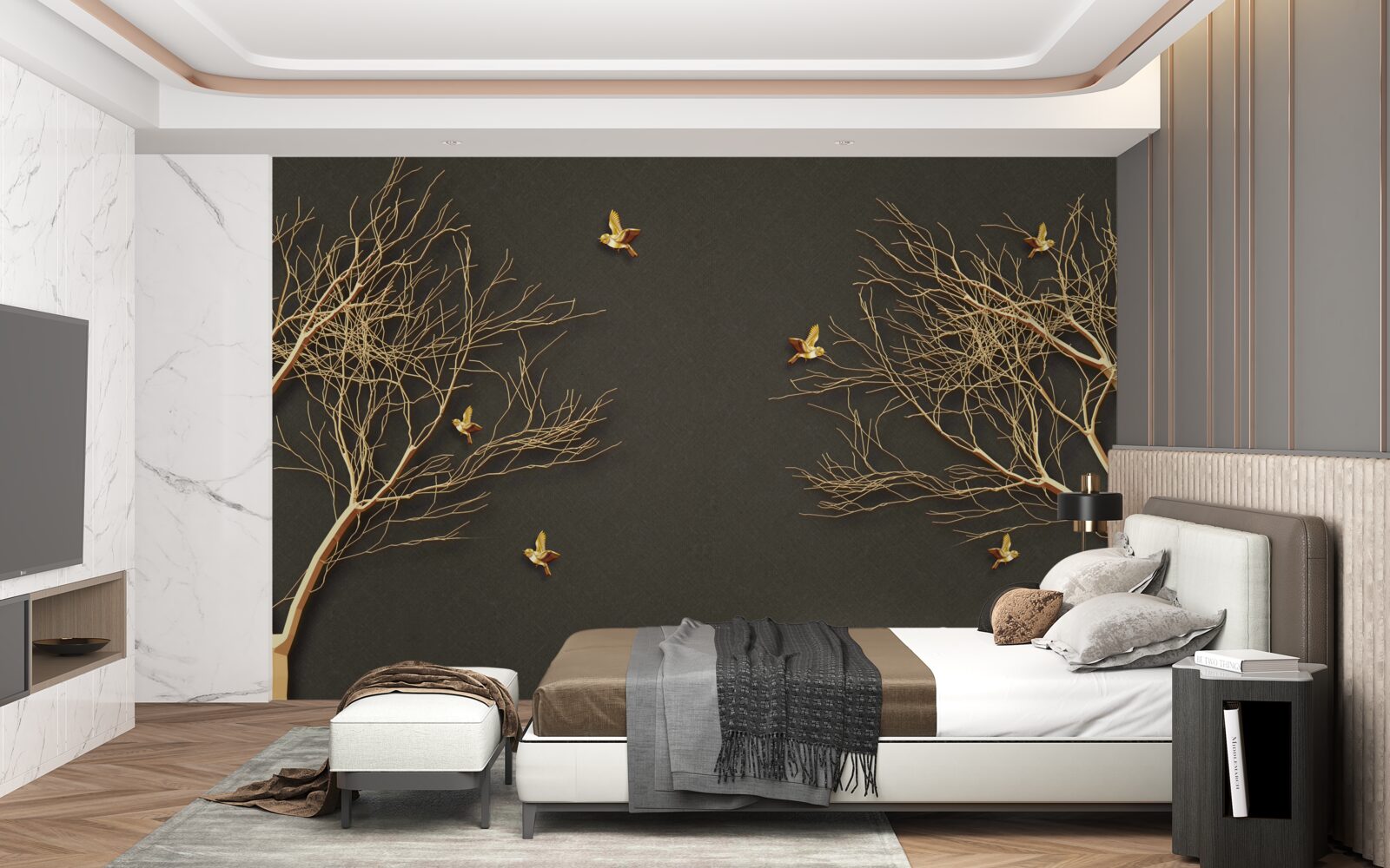 Papier peint arbres dorés et papillons contre l'obscurité du ciel nocturne