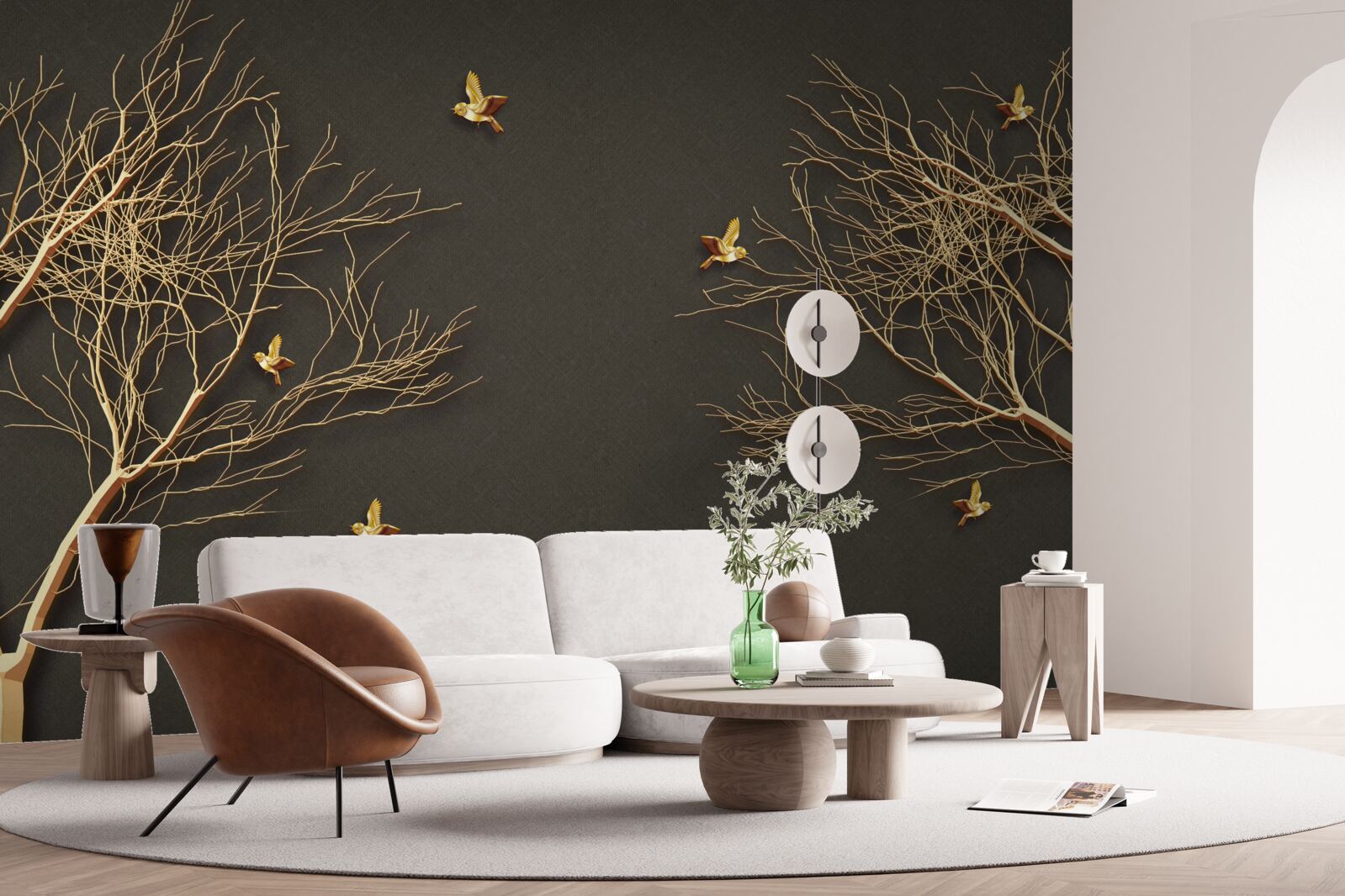 Papier peint arbres dorés et papillons contre l'obscurité du ciel nocturne