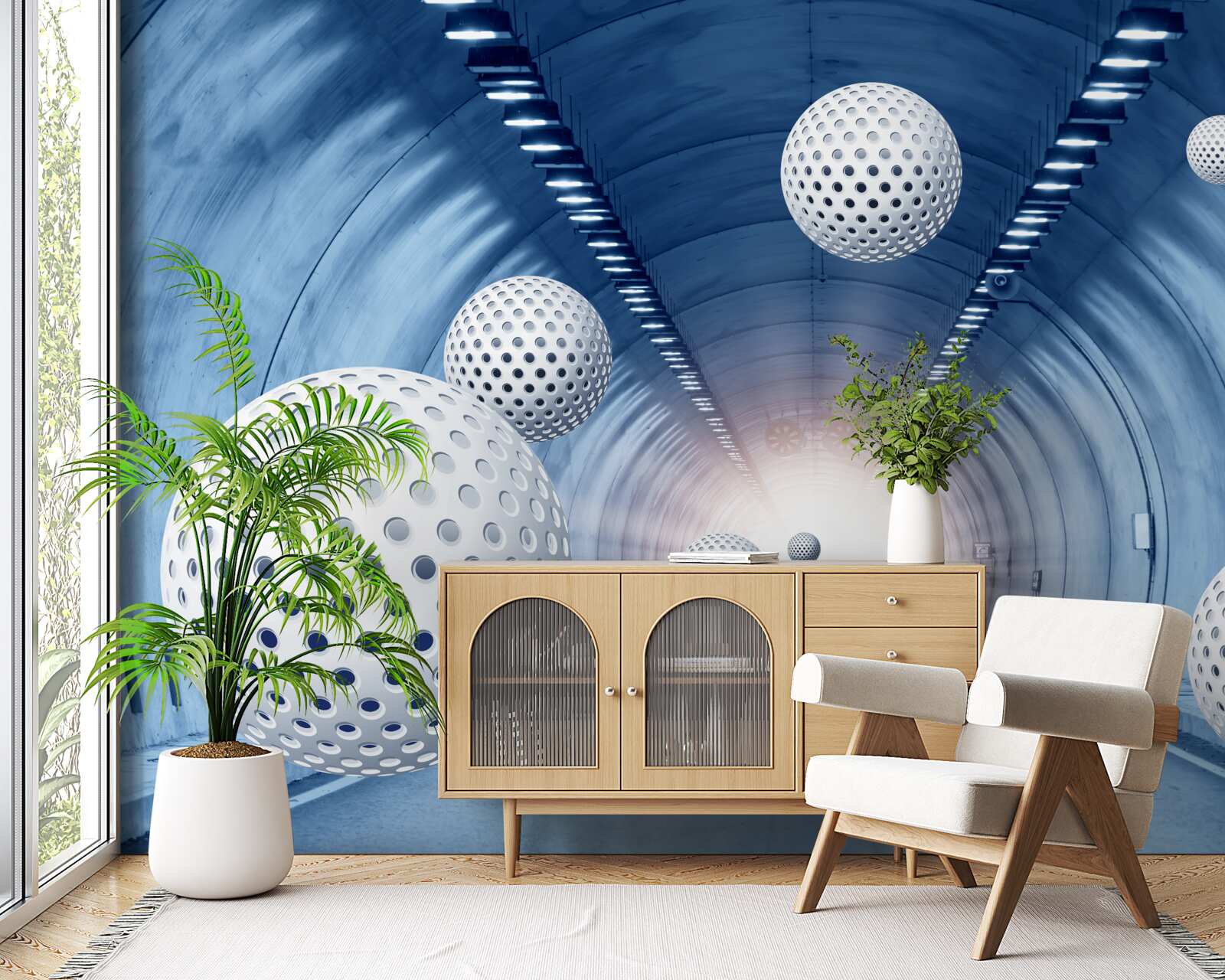 Papier peint transition bleue et boules blanches