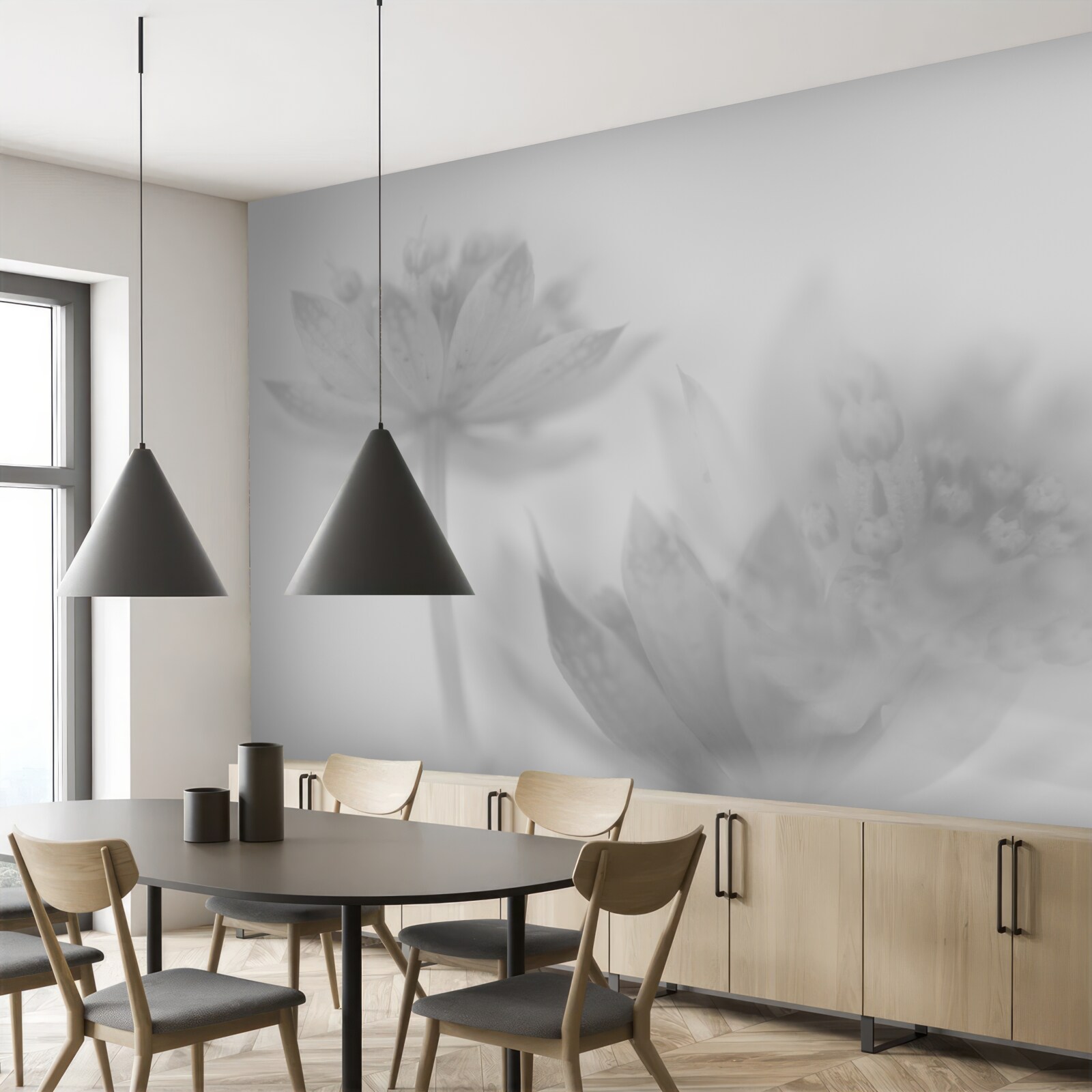 Papier peint lotus en noir et blanc