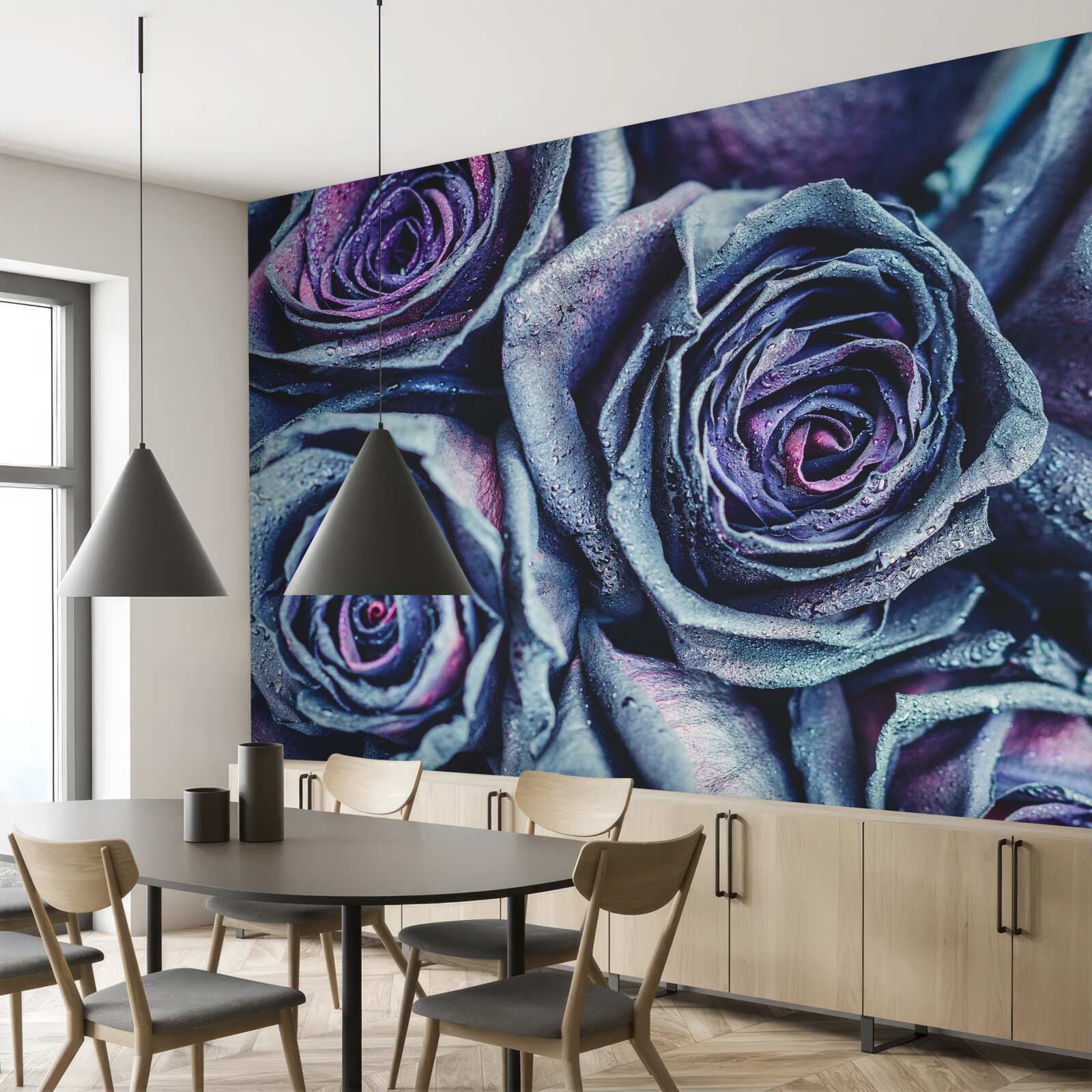 Papier peint bouquet de roses blanches et violettes