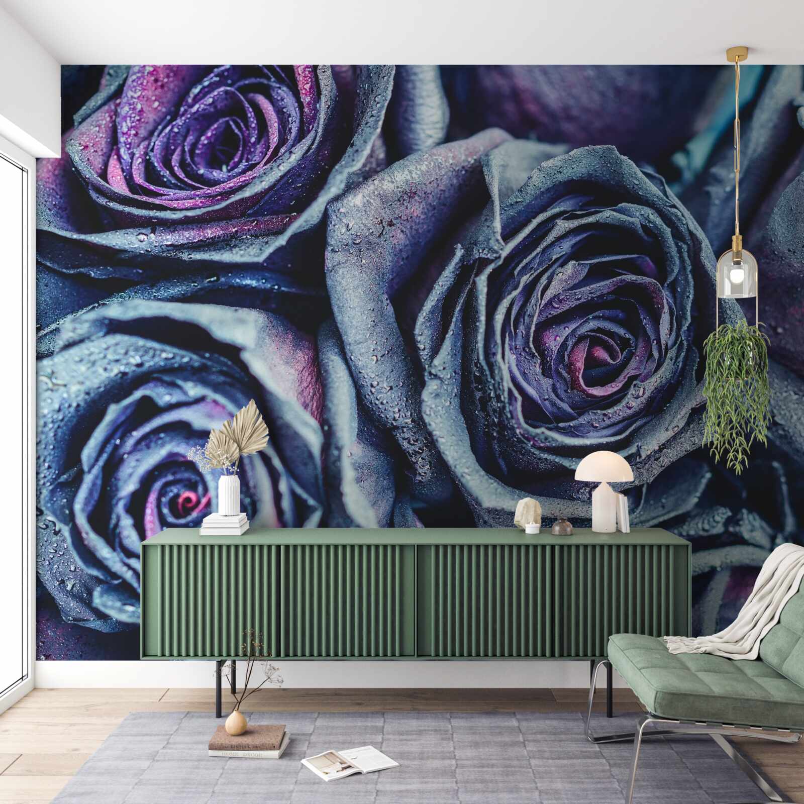 Papier peint bouquet de roses blanches et violettes