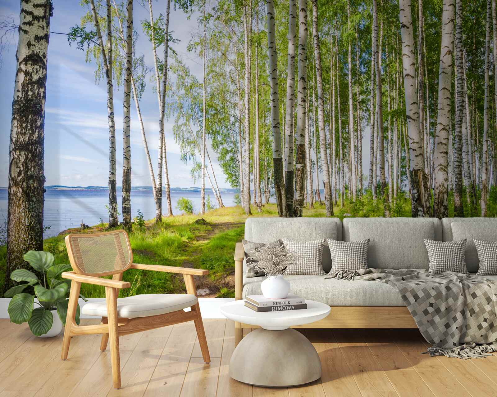 Papier peint clairière de bouleaux près du lac, entourée de verdure