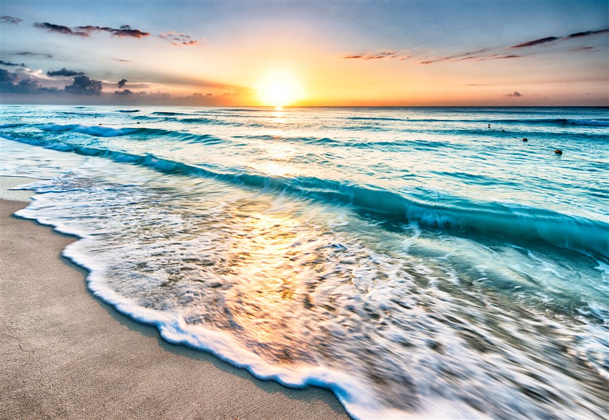 Papier peint coucher de soleil, vagues sur la mer