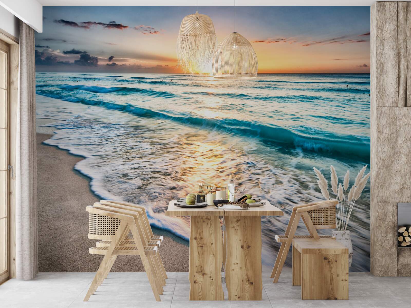 Papier peint coucher de soleil, vagues sur la mer