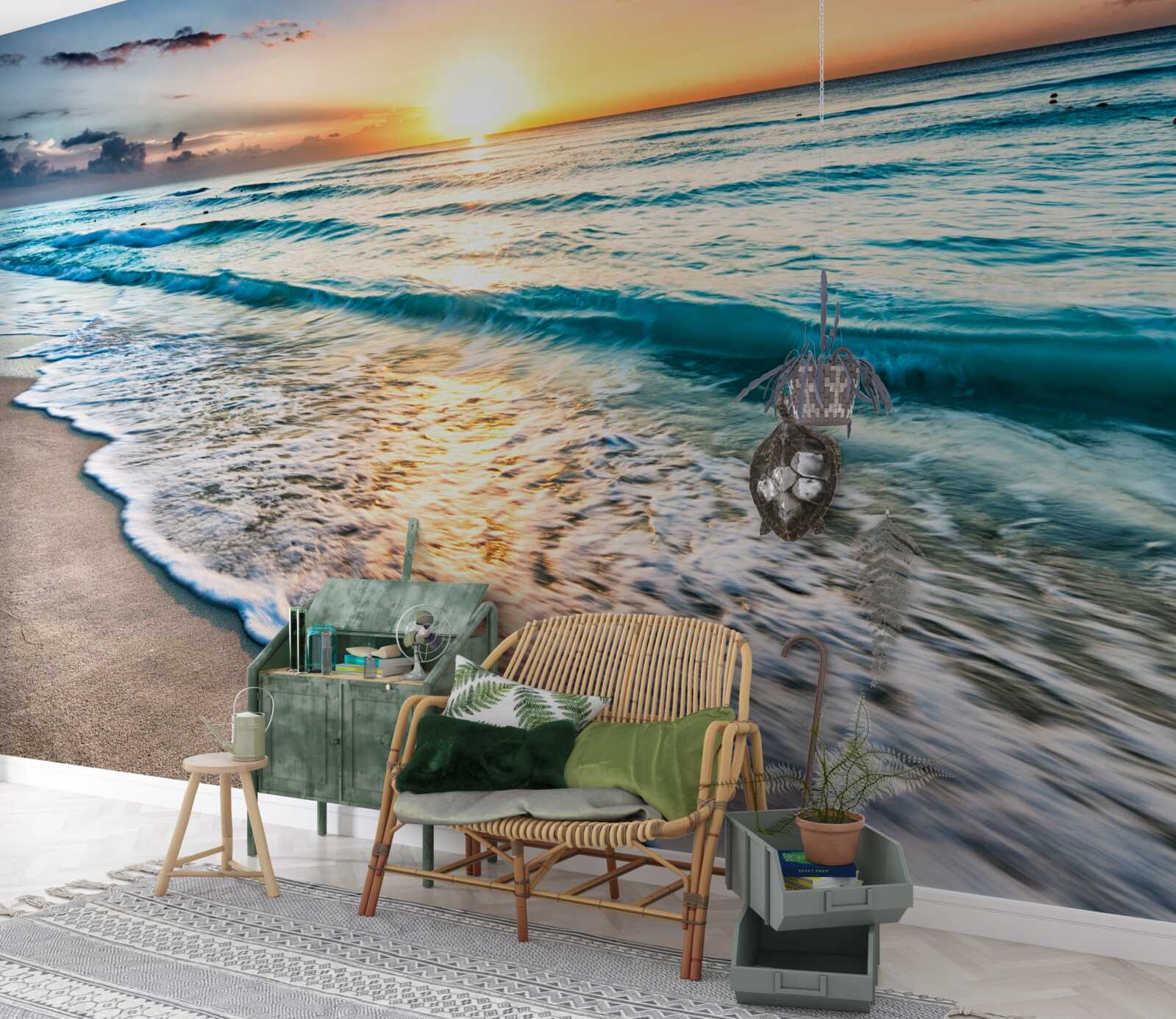 Papier peint coucher de soleil, vagues sur la mer