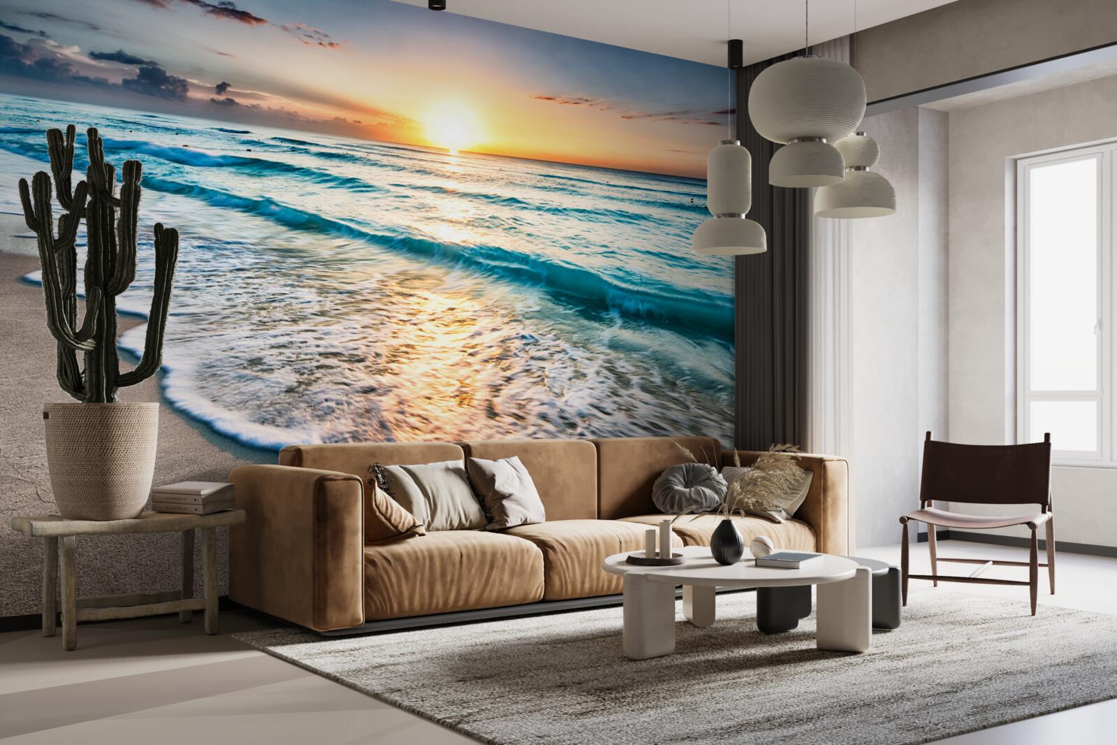 Papier peint coucher de soleil, vagues sur la mer