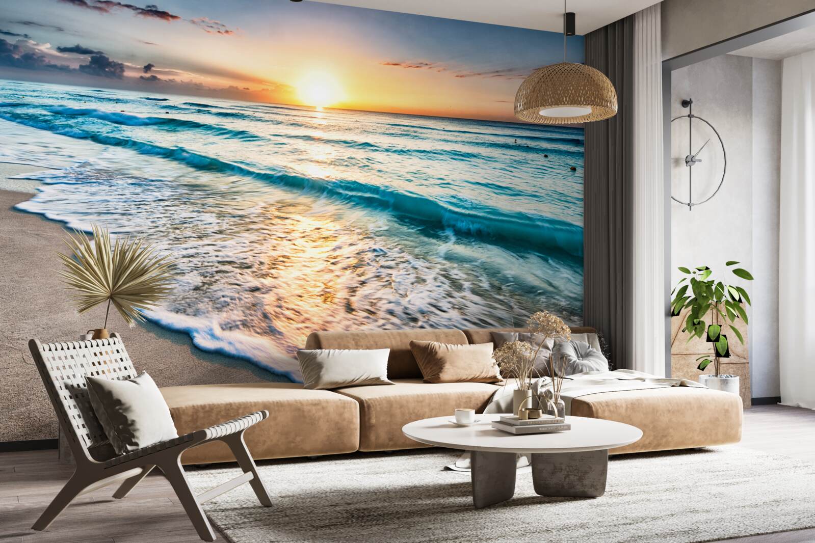 Papier peint coucher de soleil, vagues sur la mer