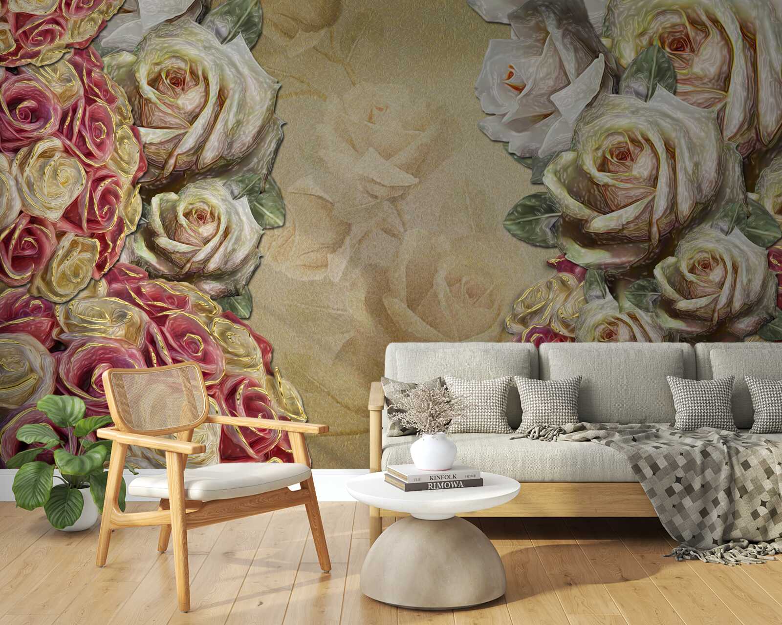 Papier peint Composition vintage combinant des roses blanches et rouges