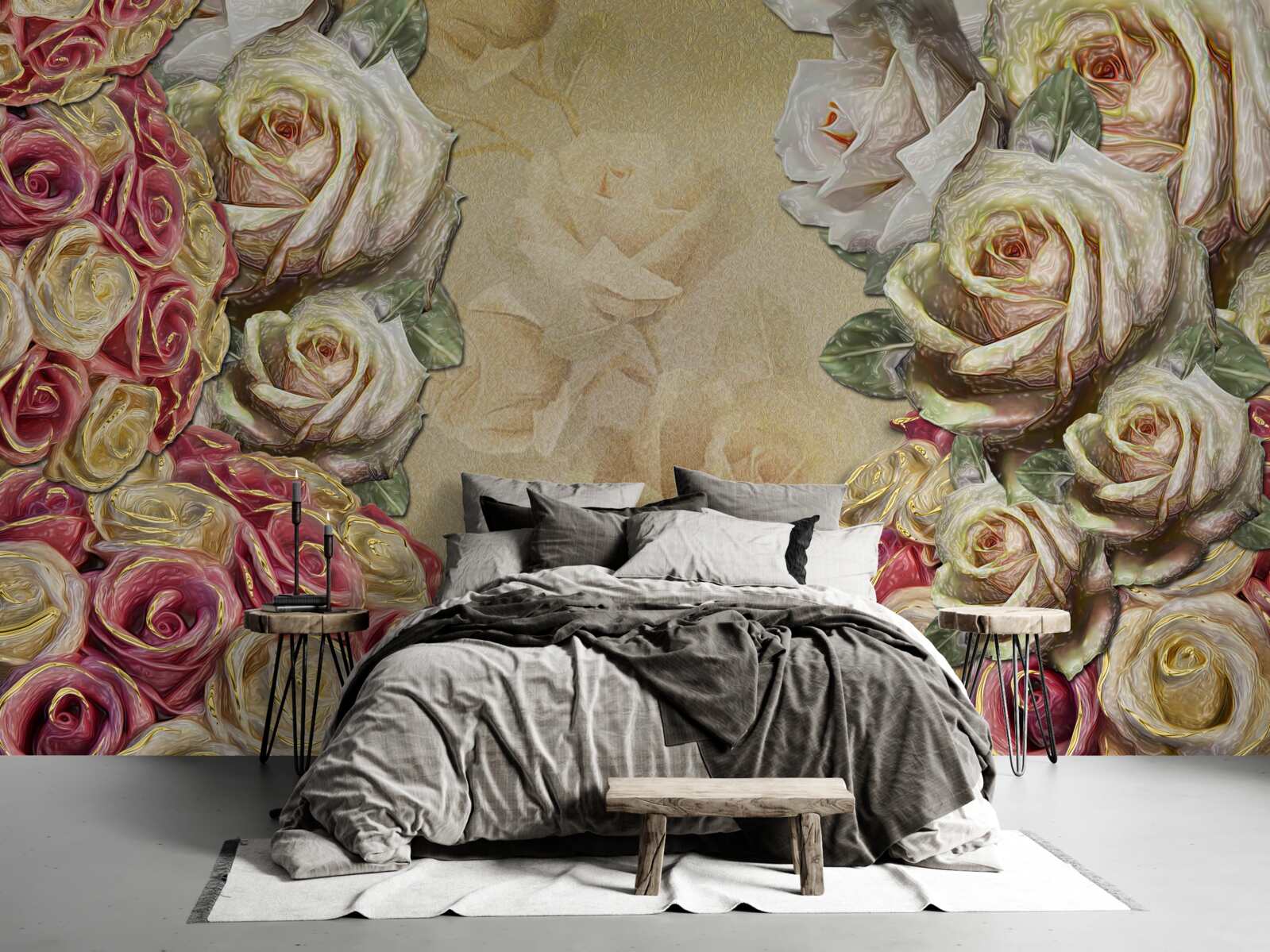 Papier peint Composition vintage combinant des roses blanches et rouges