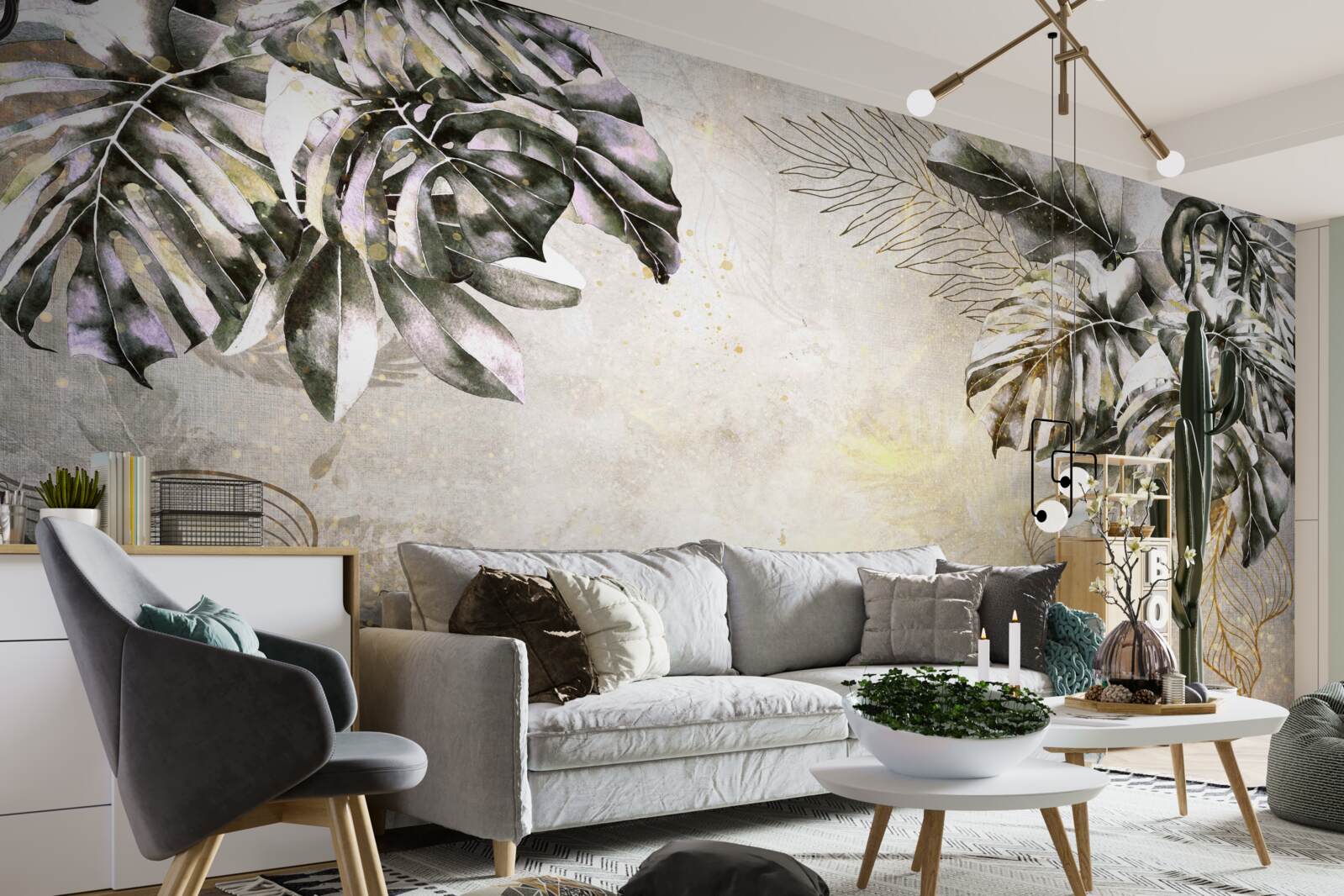 Papier peint la composition automnale comprend de grandes feuilles de monstera