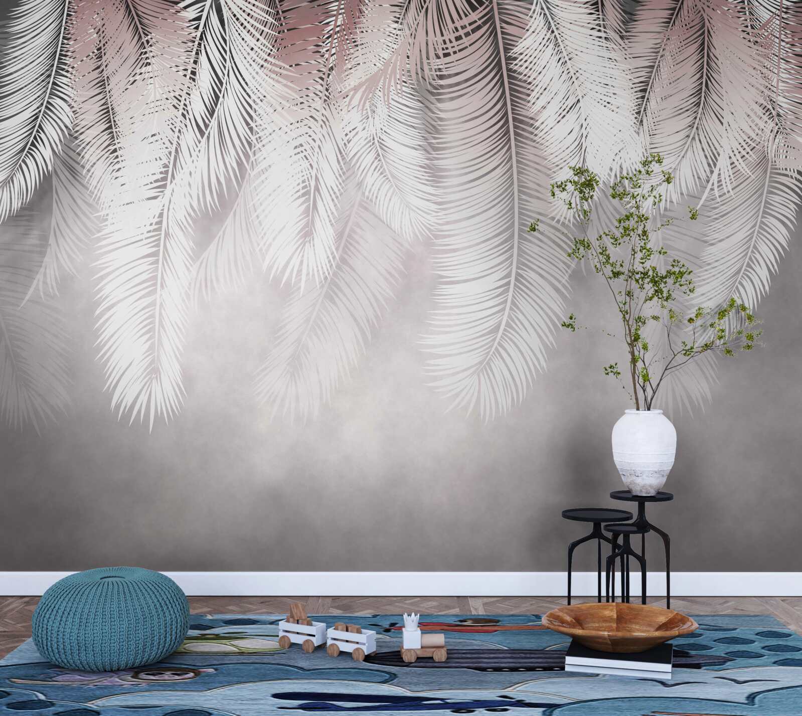 Papier peint feuilles de palmier blanches, duveteuses et lumineuses
