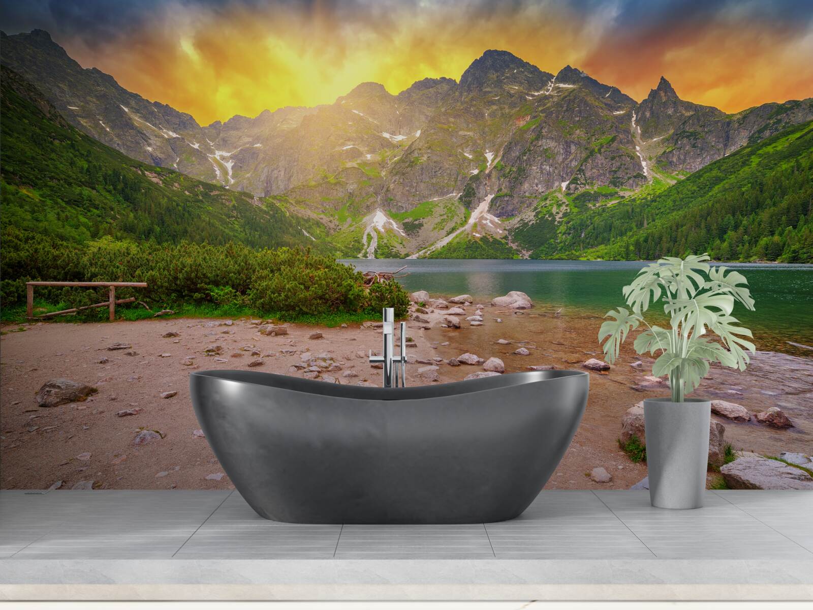 Papier peint soleil couchant derrière un lac dans les montagnes tatra