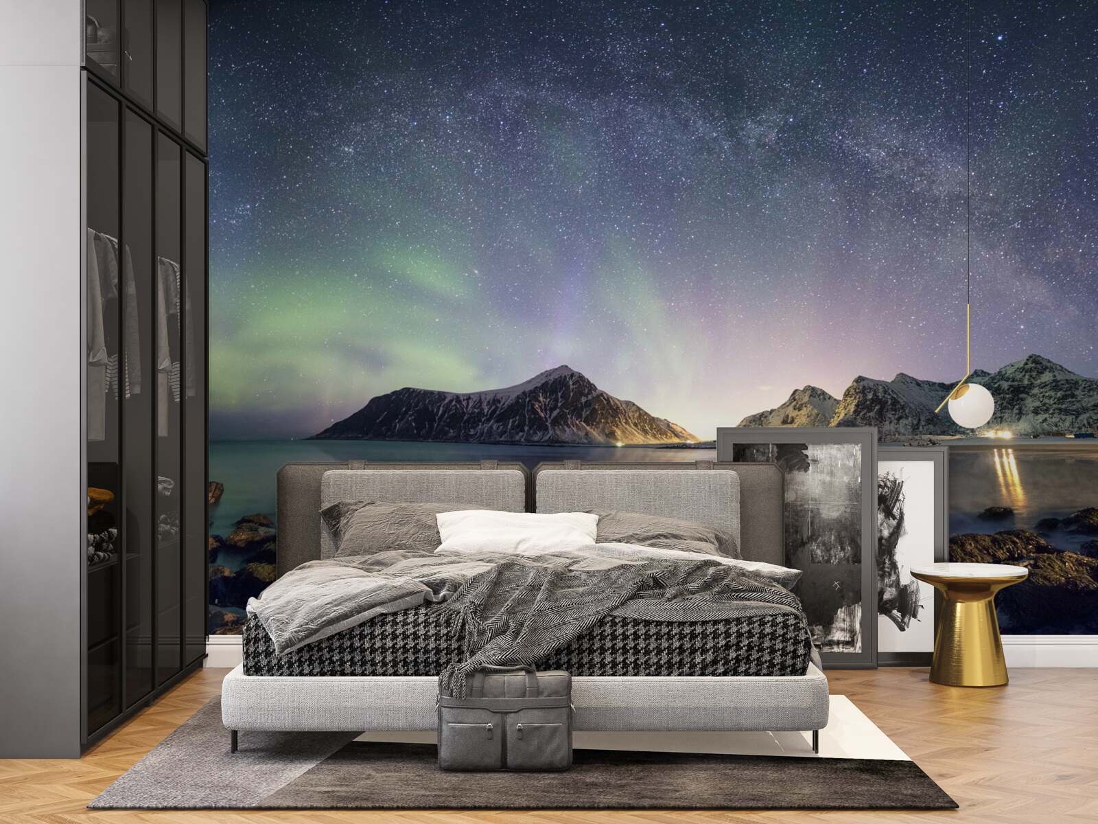Papier peint le ciel nocturne décoré d'étoiles et illuminé par les aurores boréales
