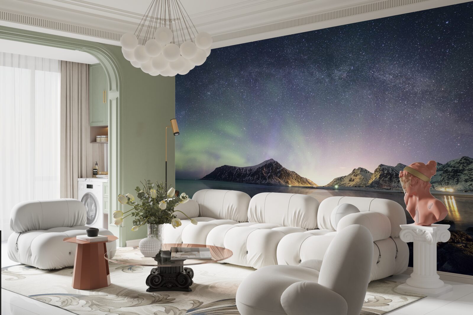 Papier peint le ciel nocturne décoré d'étoiles et illuminé par les aurores boréales
