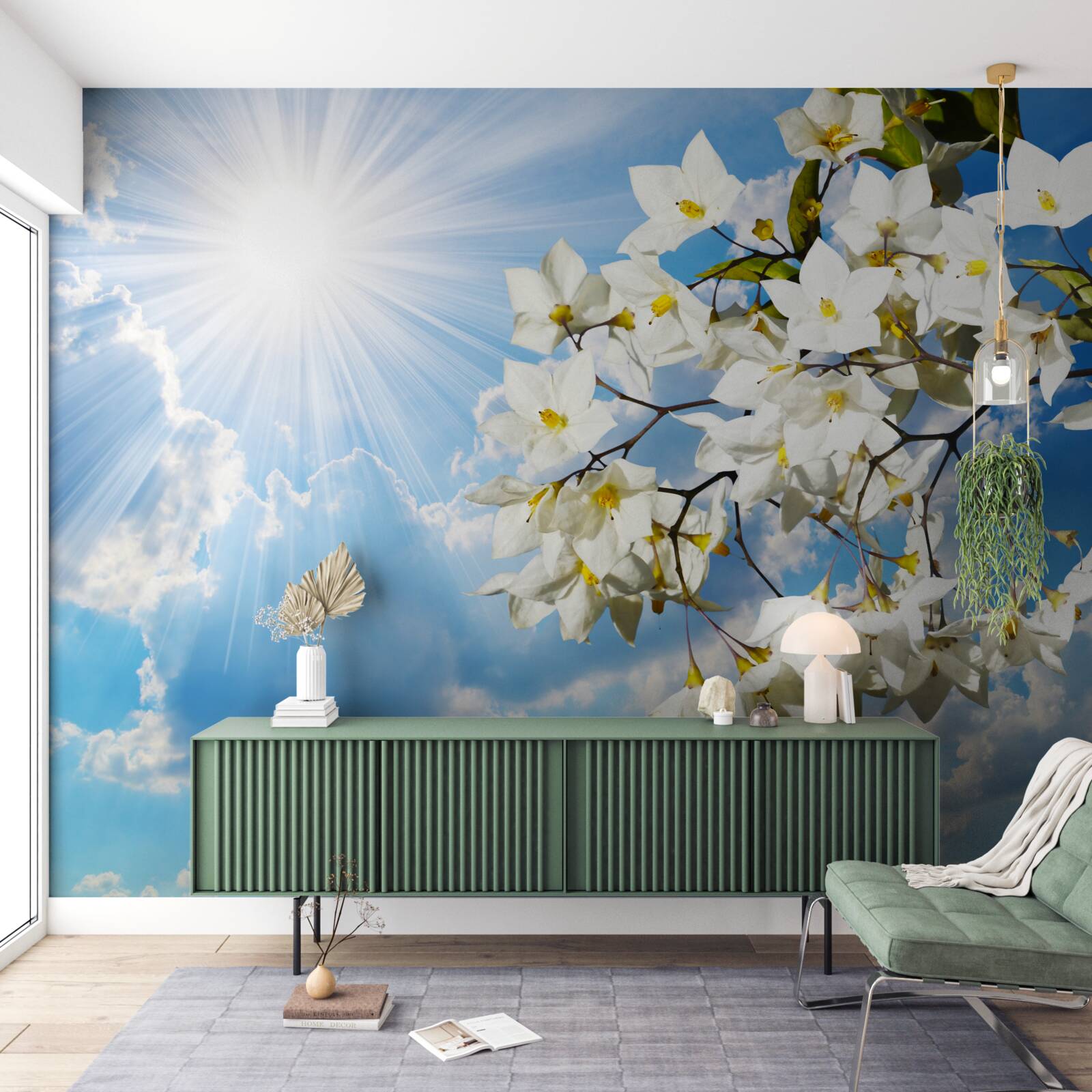 Papier peint branche fleurie de jasmin blanc
