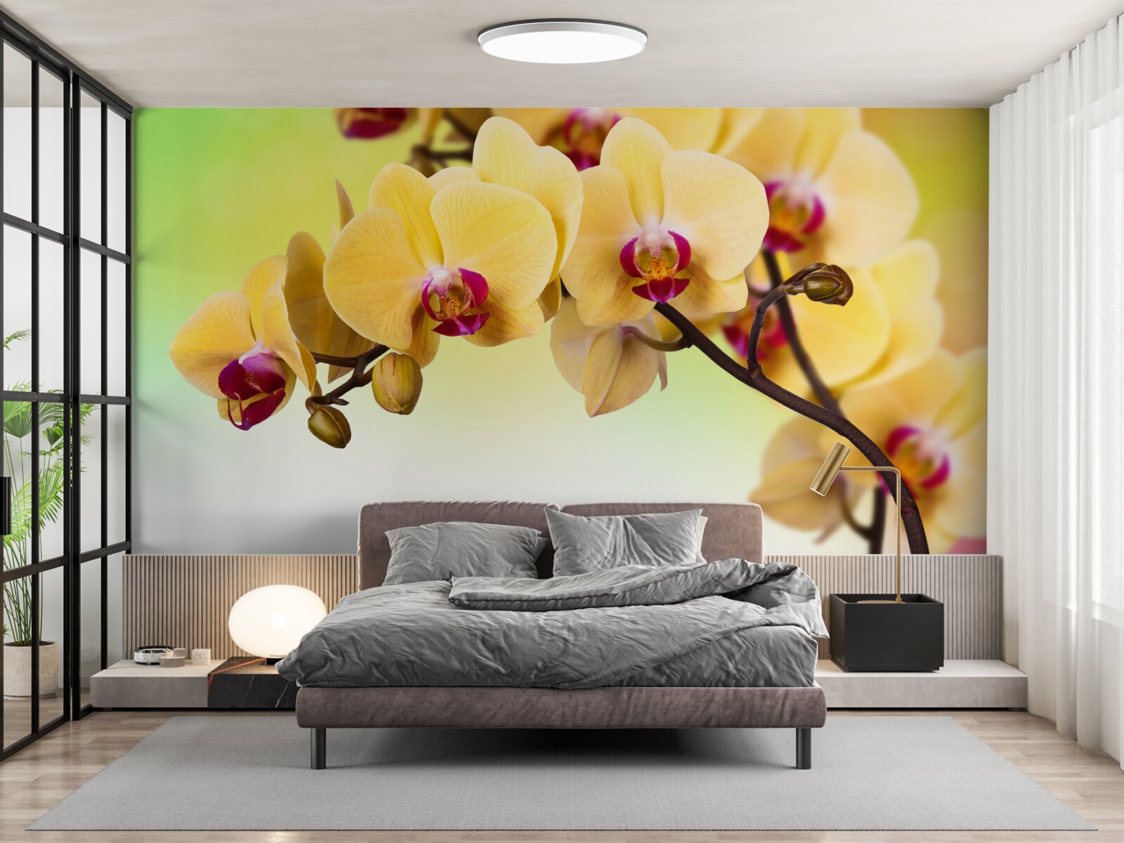 Papier peint branche d'orchidée à fleurs jaunes