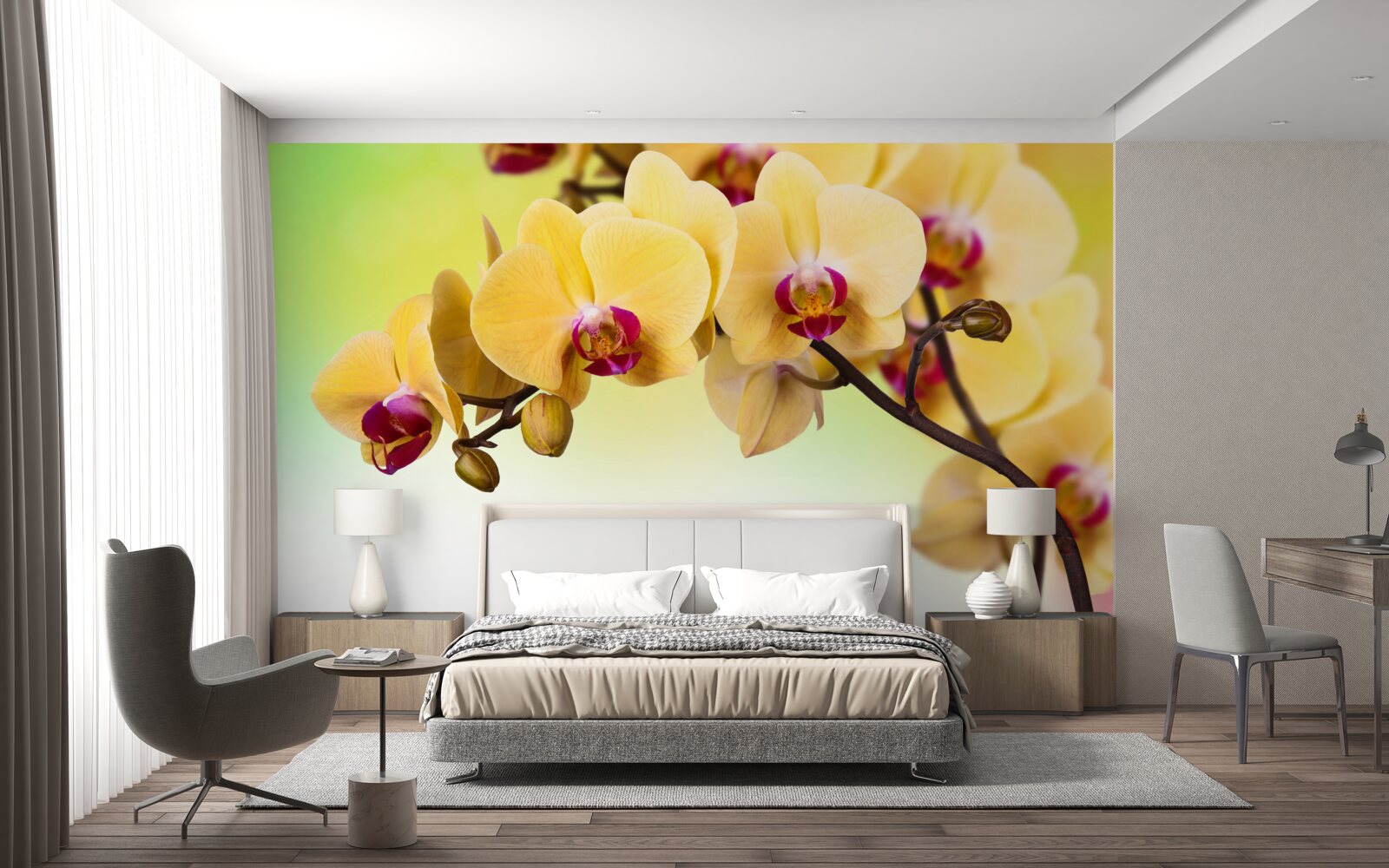 Papier peint branche d'orchidée à fleurs jaunes