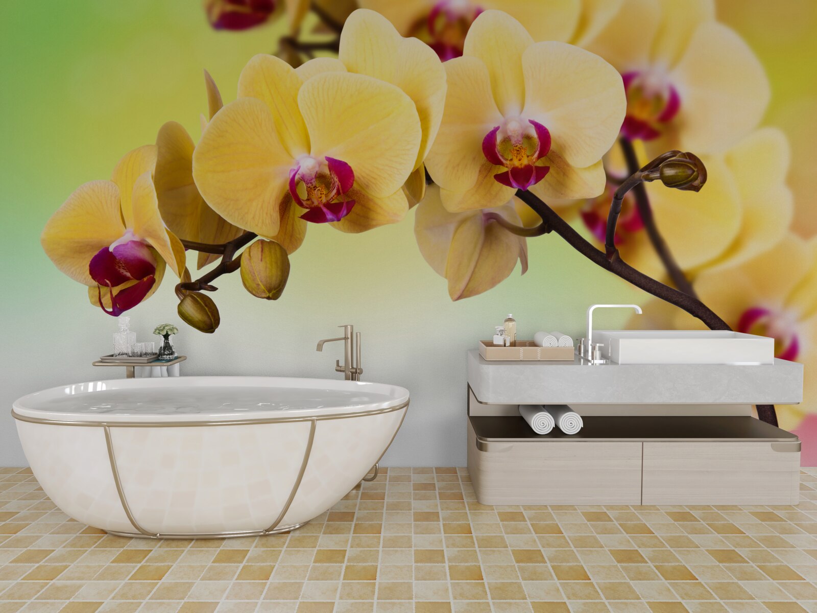 Papier peint branche d'orchidée à fleurs jaunes